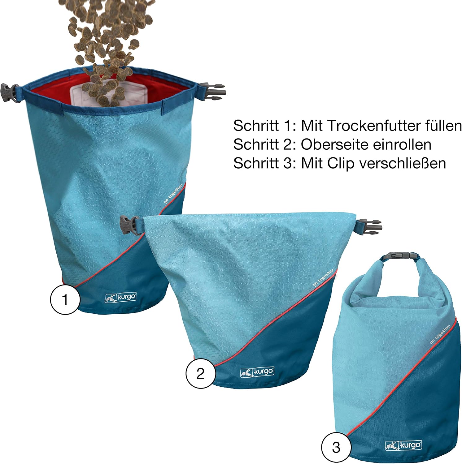 Kurgo Kibble Carrier Futterbeutel fuer Hunde Camping Kuestenblau