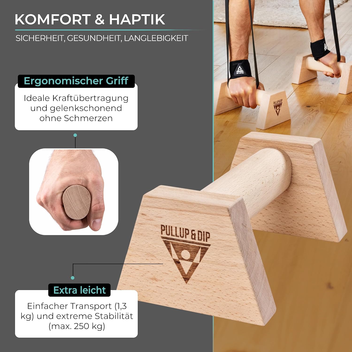 PULLUP & DIP Holz Liegestuetzgriffe mit Handgelenkbandagen rutschfest