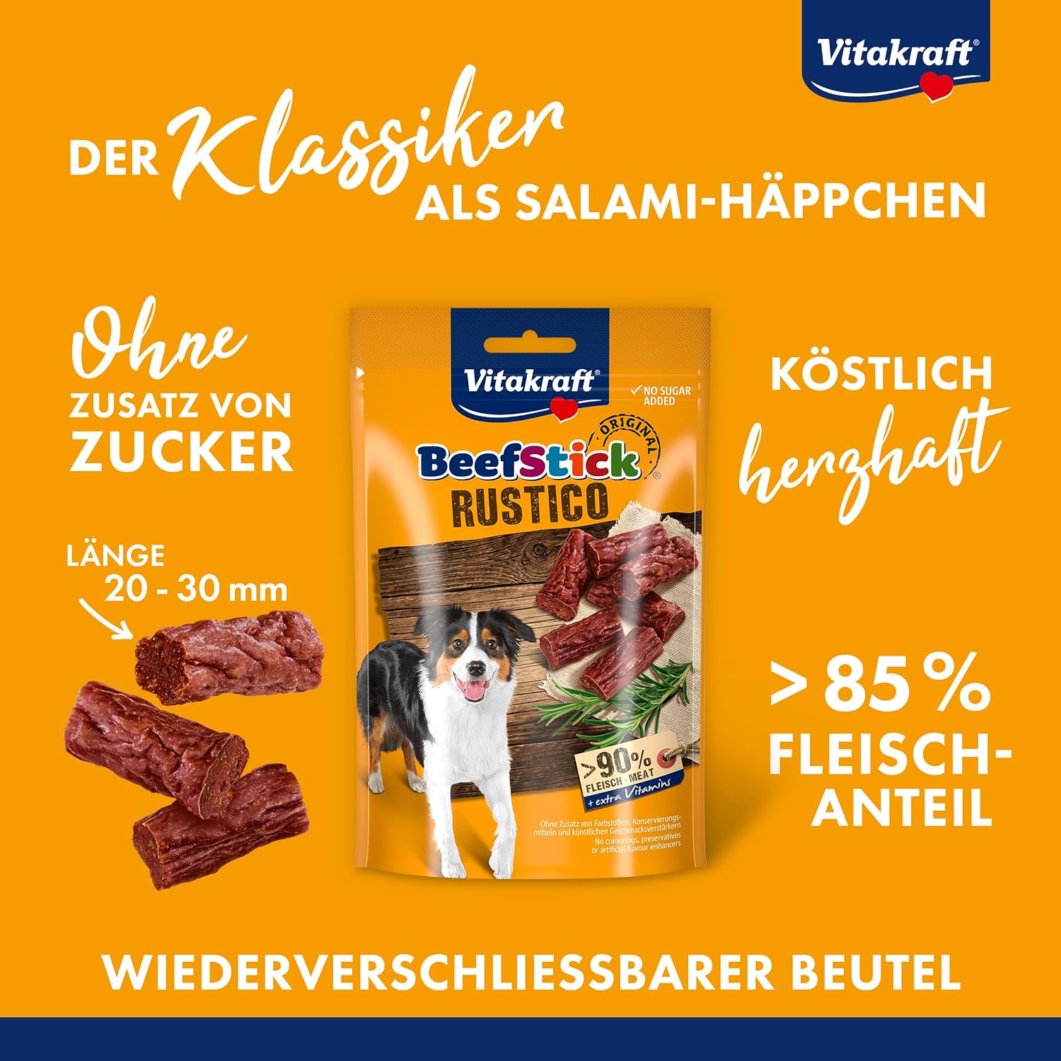 Vitakraft Beef Stick Rustico Hundeleckerli 7 x 55 g Salamihäppchen ohne Zucker