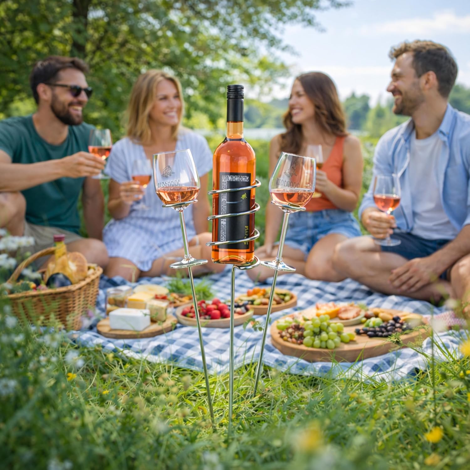 Weinstaender Edelstahl faltbar - Flaschenhalter und Glashalter fuer Picknick