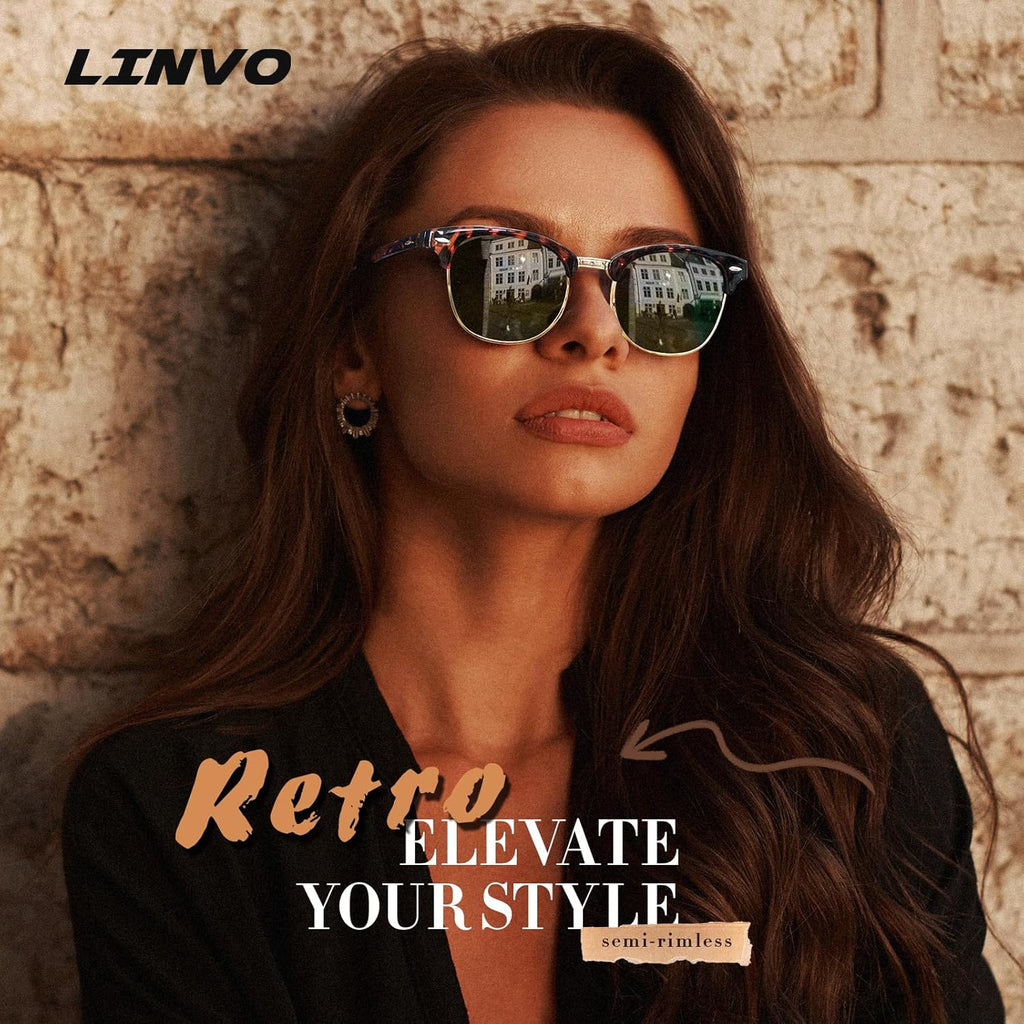 LINVO Polarisierte Sonnenbrille Herren Damen Halbrahmen UV400 Retro Fahren Angel