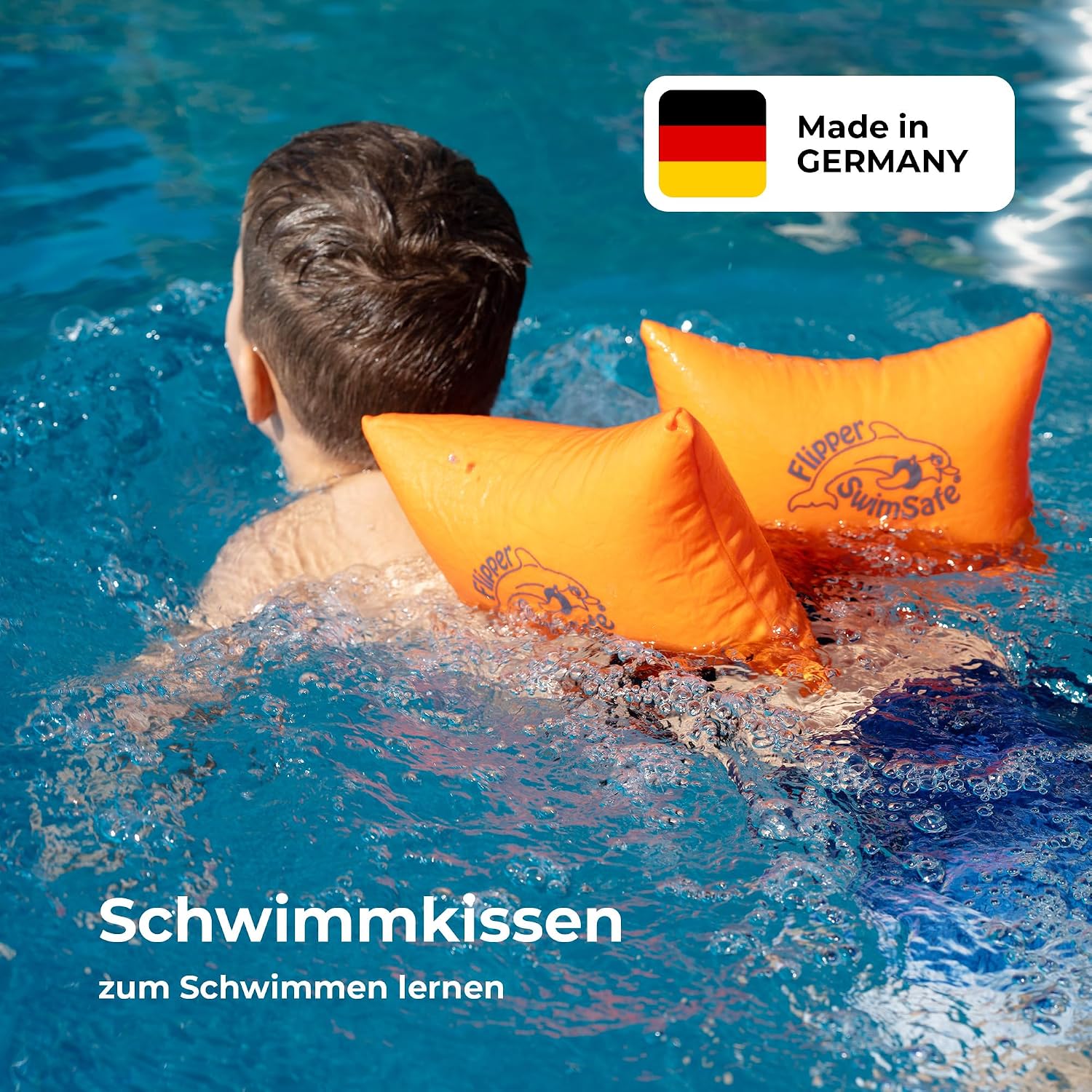 Flipper SwimSafe 1080 Schwimmkissen Baby Baumwolle verstellbares Band Orange
