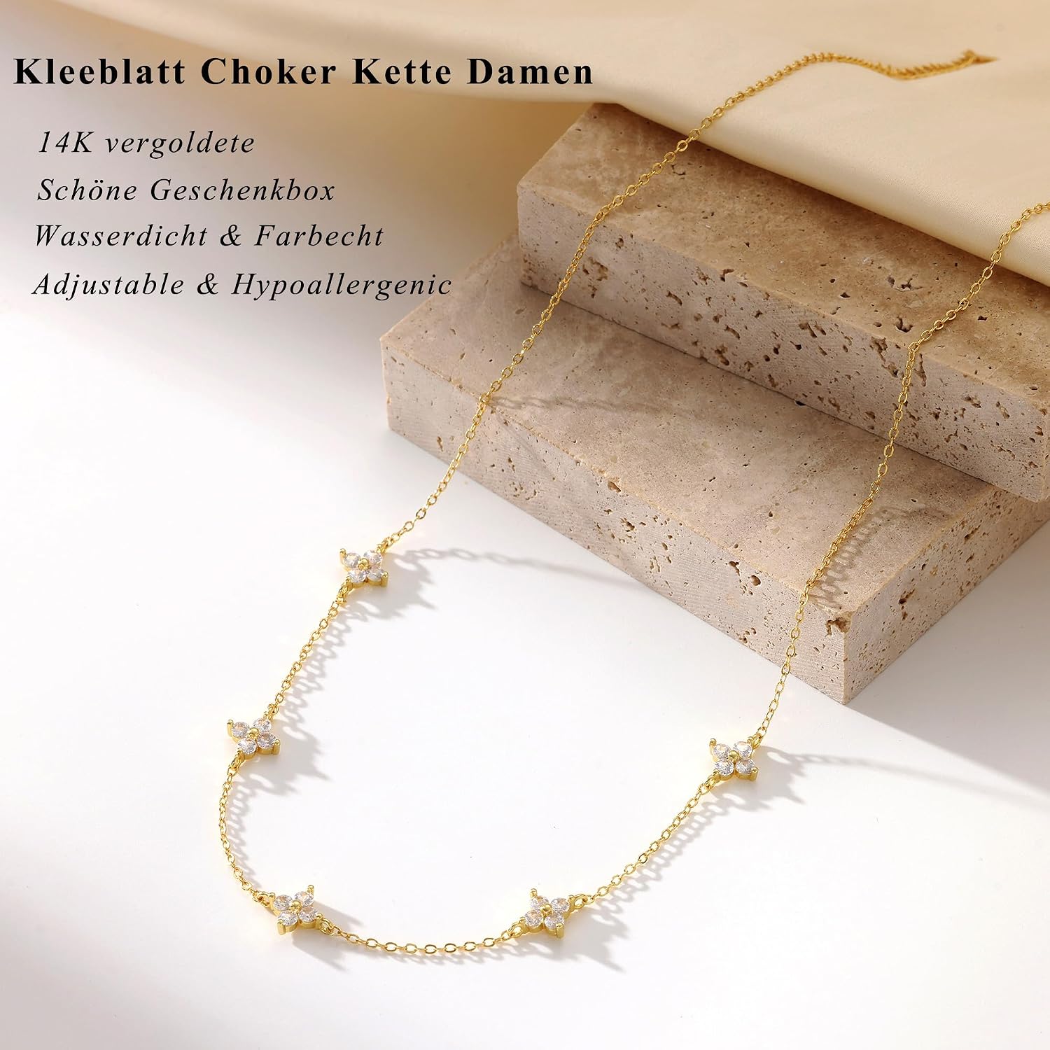 925 Silber Halskette Damen vergoldet 14K Kleeblatt Herz Perlen Zirkonia