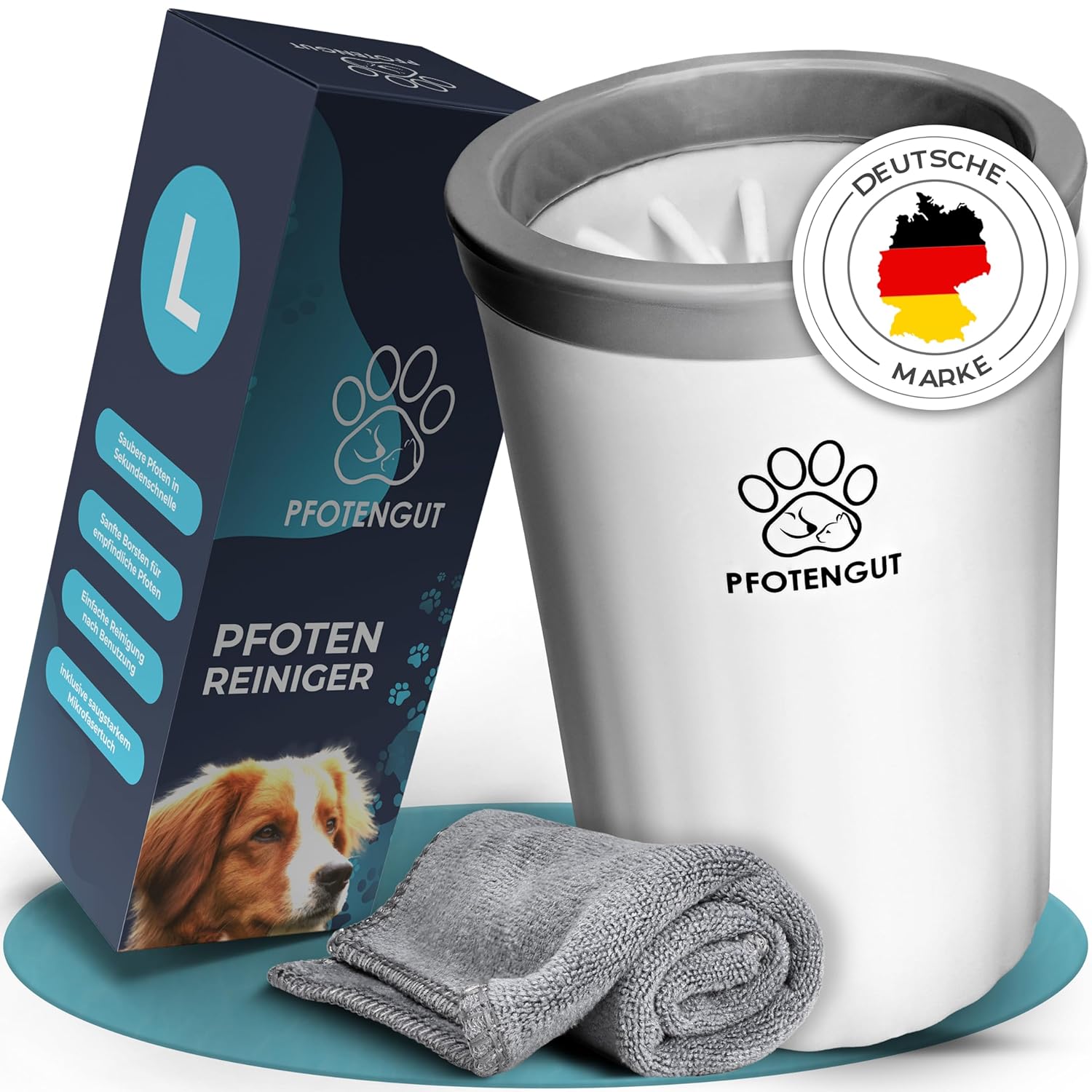 Pfotenreiniger Hunde Groesse S-L mit saugstarkem Mikrofaser-Handtuch S-L