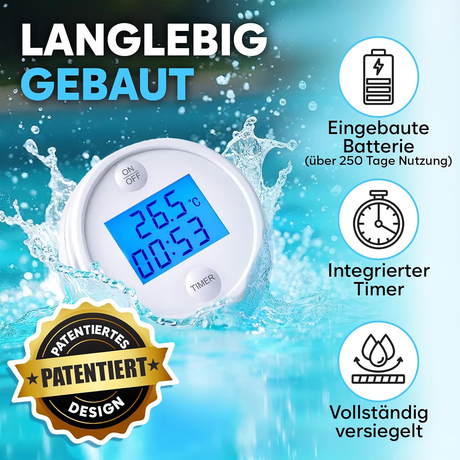 Schwimmendes Poolthermometer wasserdicht mit Timer fuer Pool Spa Whirlpool