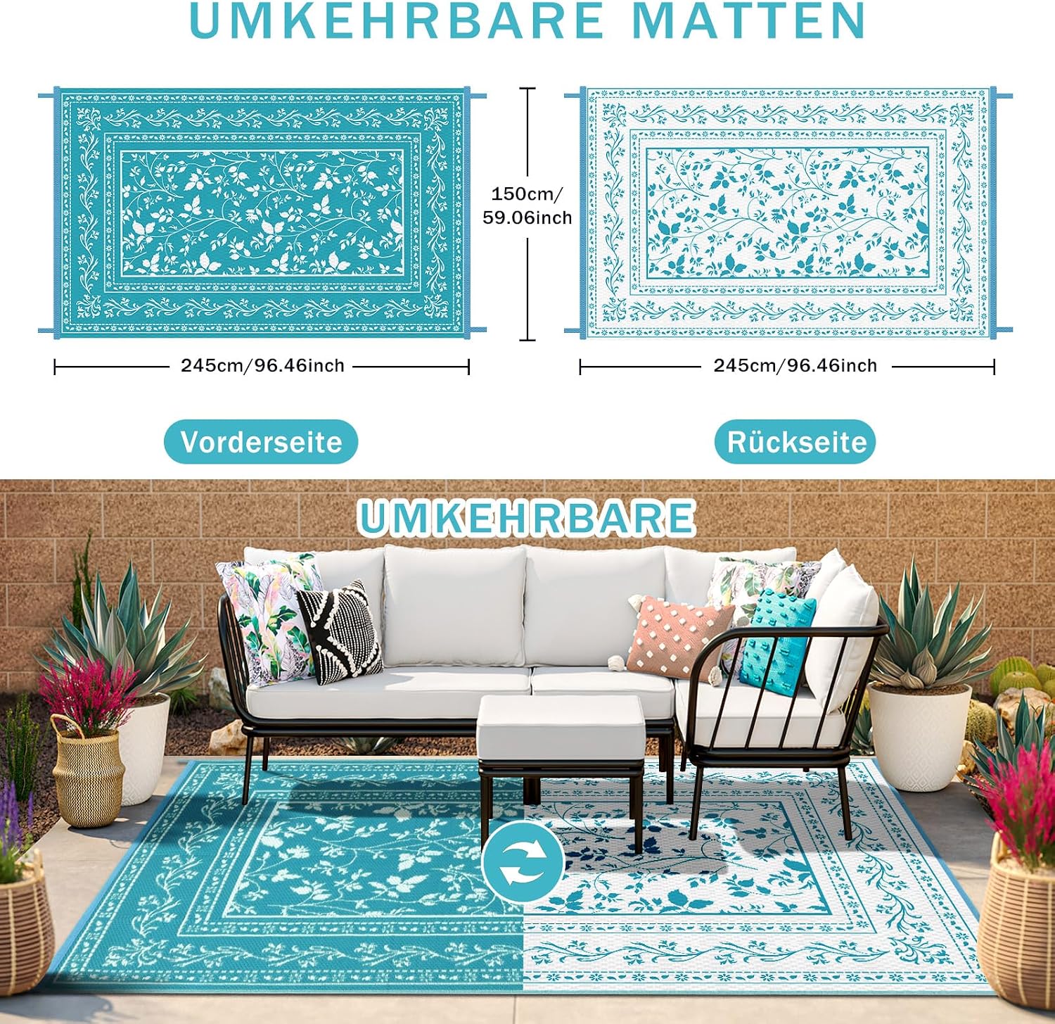 Outdoor Teppich blau 150 x 245 cm wetterfest wasserdicht UV-bestaendig 180cm-275c