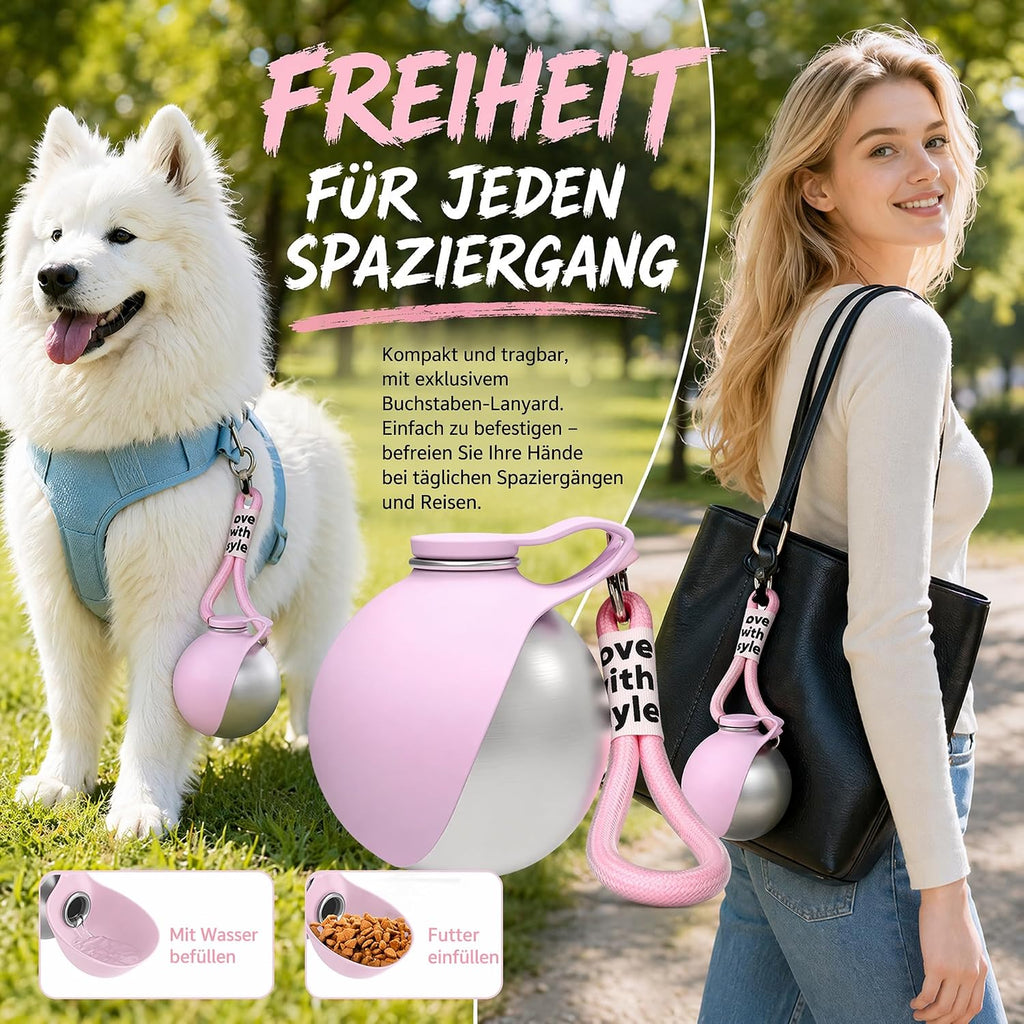 Hunde Trinkflasche 285ml Edelstahl mit faltbarem Silikonnapf auslaufsicher