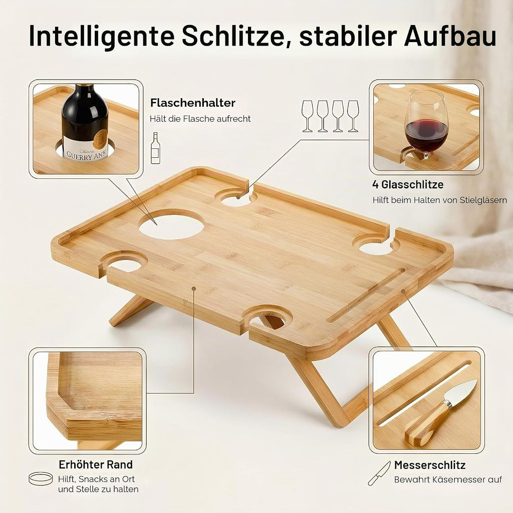 Kingrol Bambus Picknicktisch klappbar mit Flaschenhalter, Glas- und Besteckfach