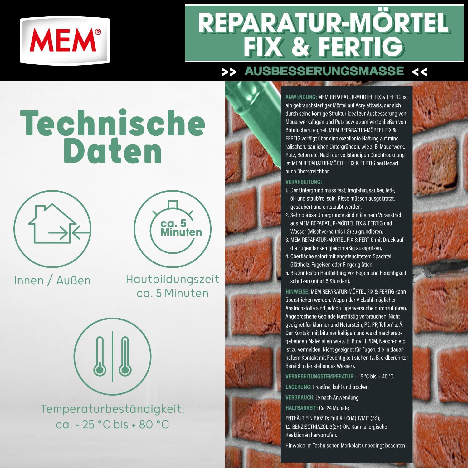 MEM Reparaturmoertel Zementgrau fuer Innen und Aussen