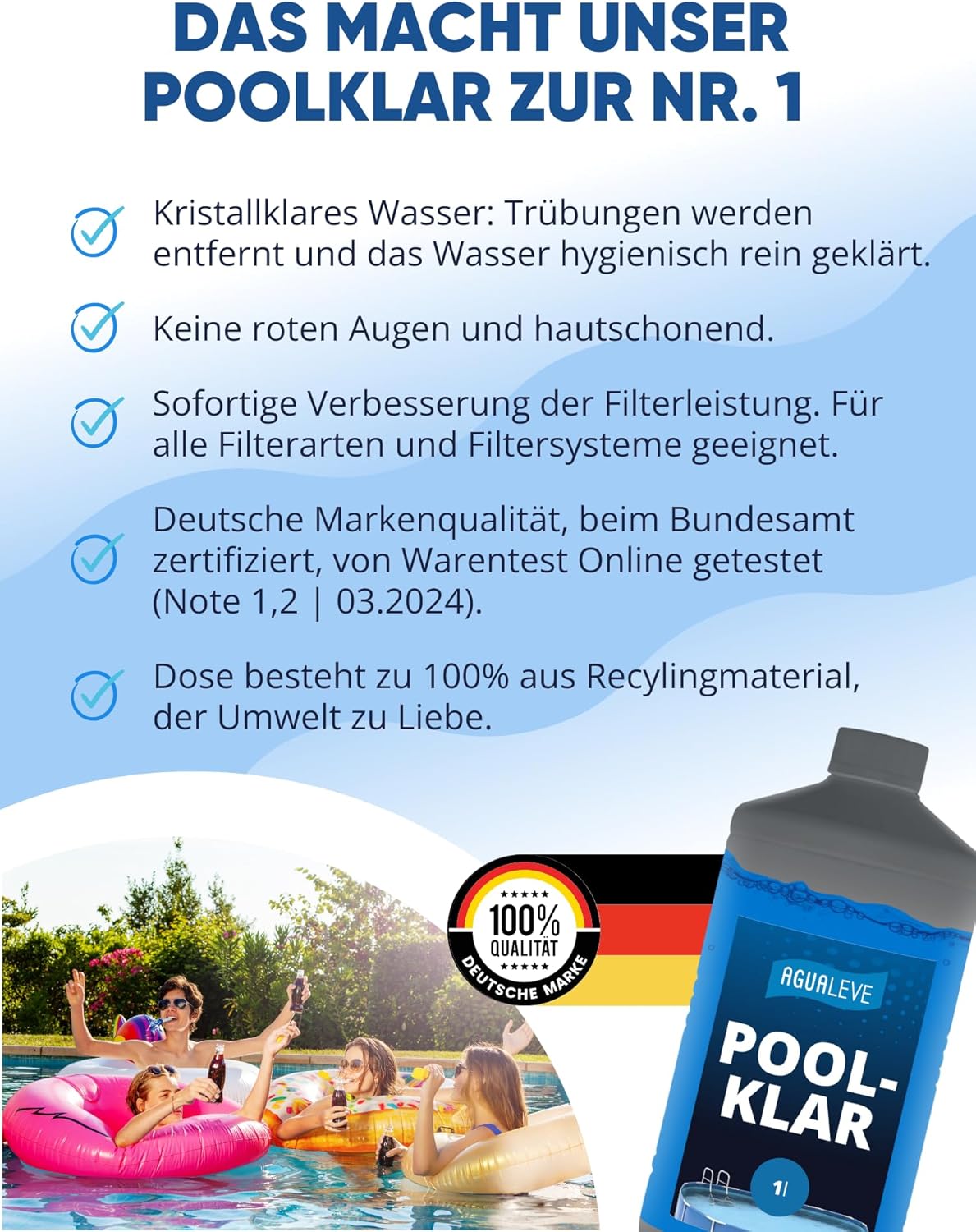 AGUALEVE Poolklar Kristallklar Formel fuer klares Poolwasser Made in Germany