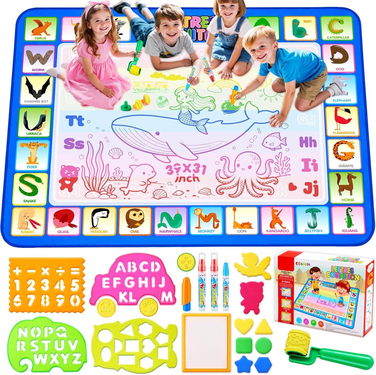 CGBOOM Wasser Doodle Matte 100×78 cm XL mit Wasserstift Zubehoer fuer Kleinkinder