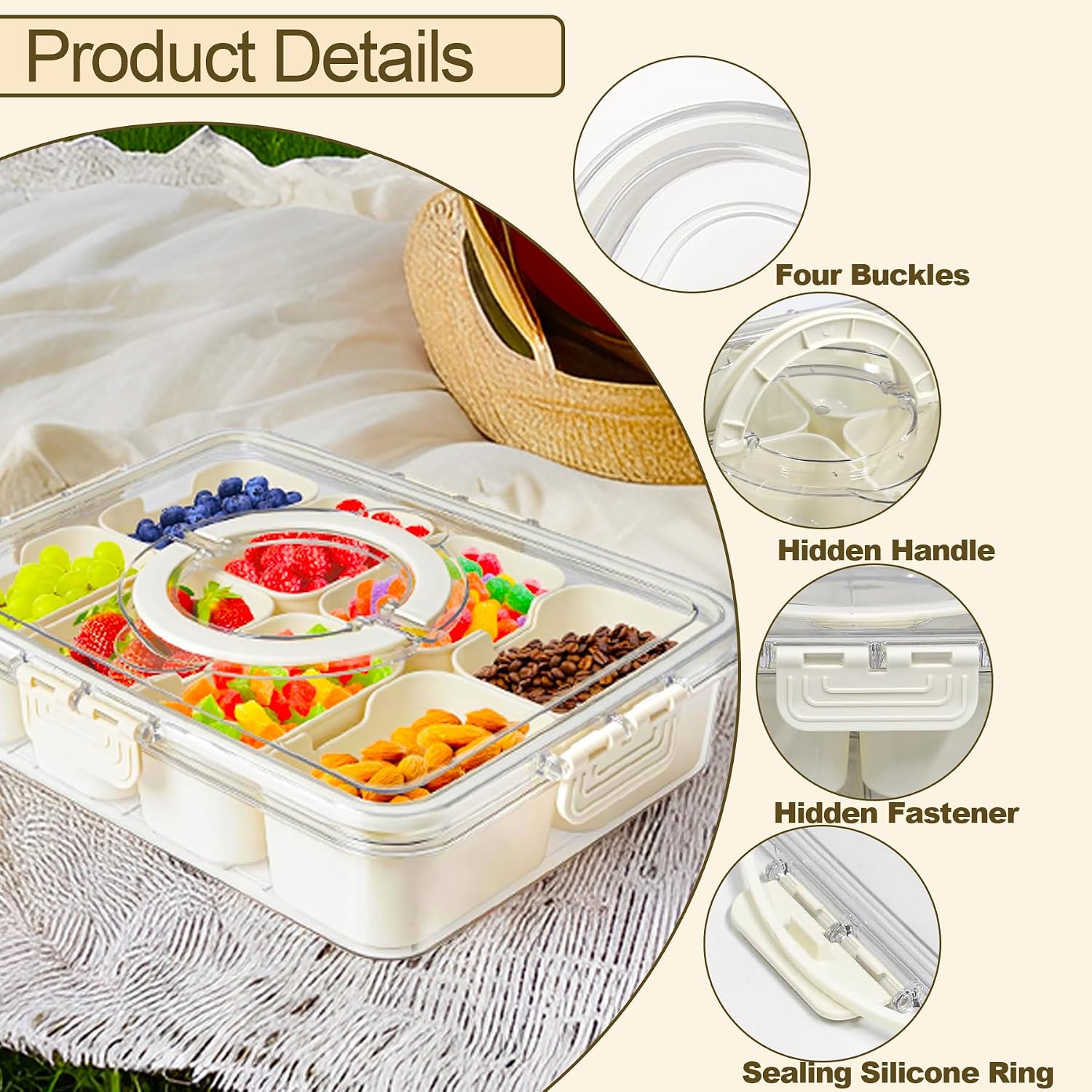 TZEKING Snackbox 8 Faecher mit Deckel - tragbare Snackschale fuer Fruechte Gewuerze