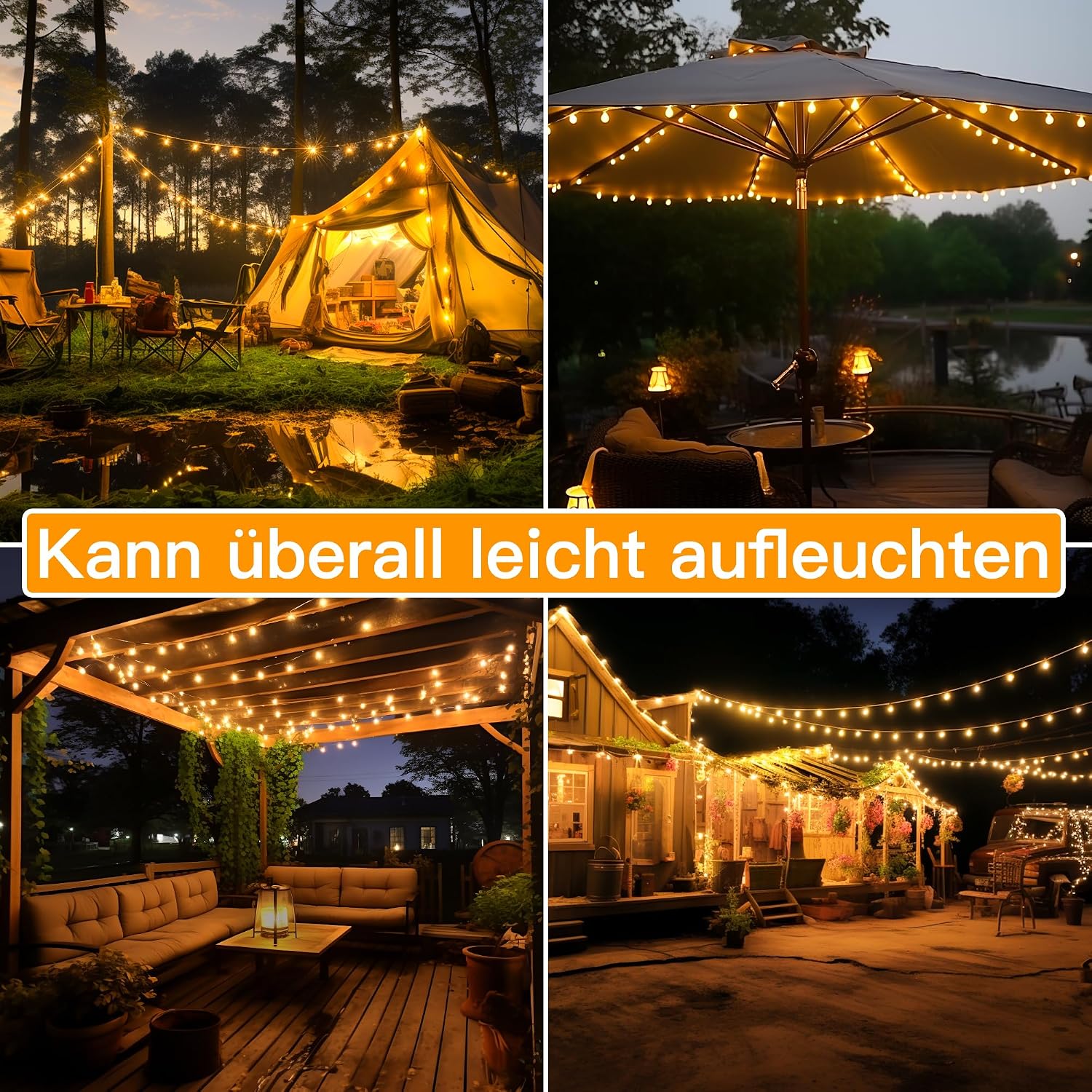 Ollny Solar Lichterkette Aussen 5 m 30 LED IP65 warmweiss 8 Modi fuer Garten
