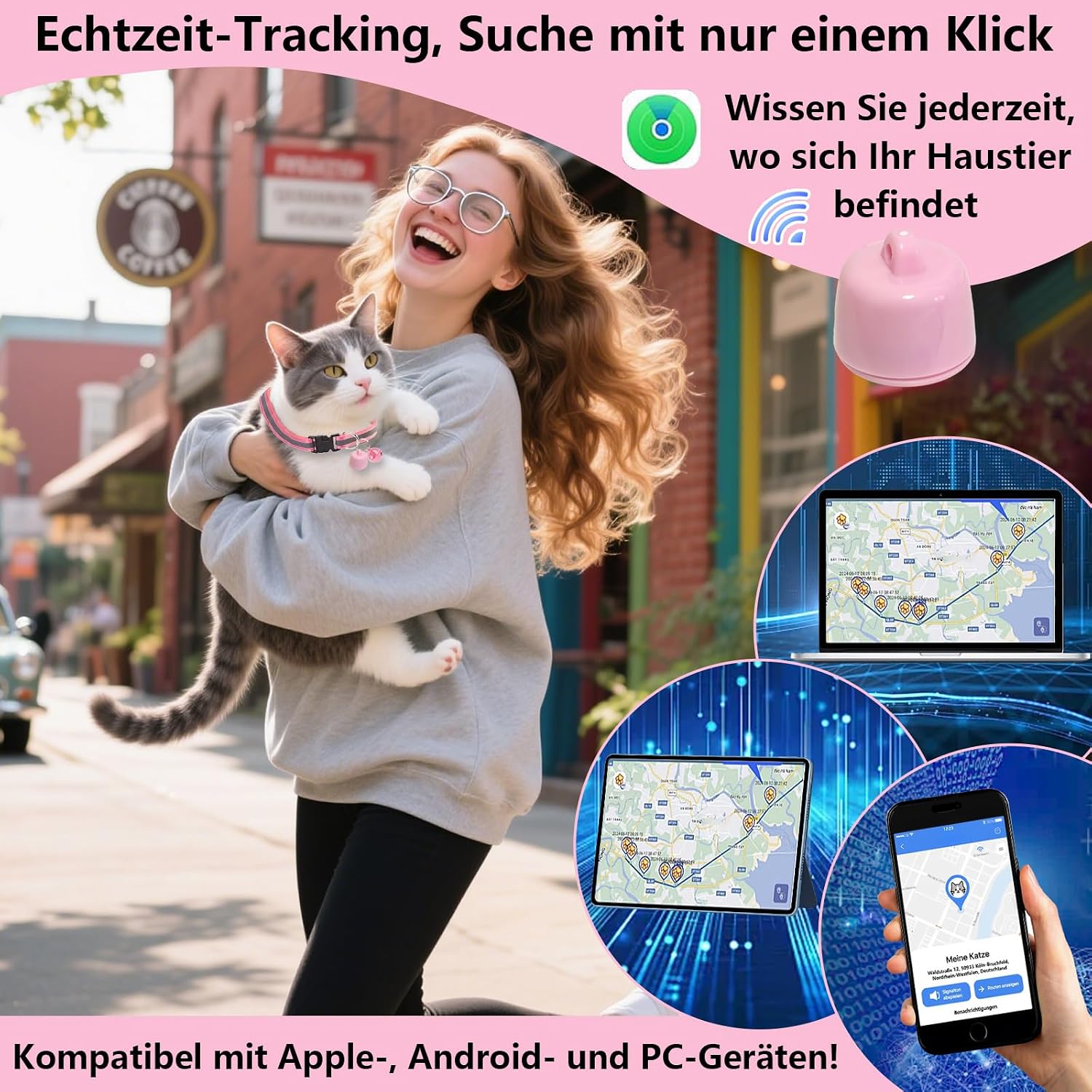 GPS Tracker fuer Katze und Hund Mini Halsband Tracker ohne Abo mit weltweiter Ortung