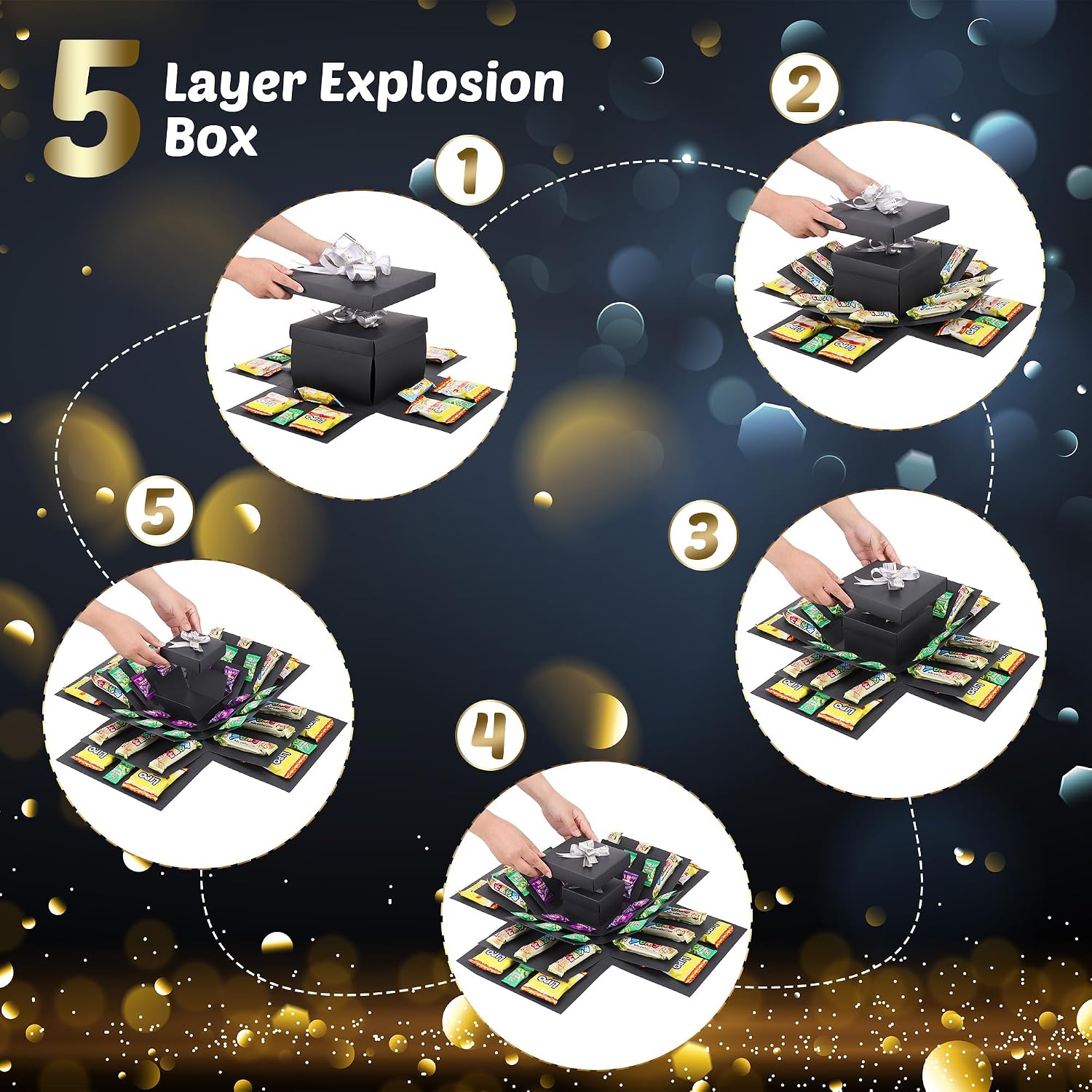 JIANTA Explosionsbox Geschenkbox 5-lagig zum Geburtstag Schwarz DIY Ueberraschung