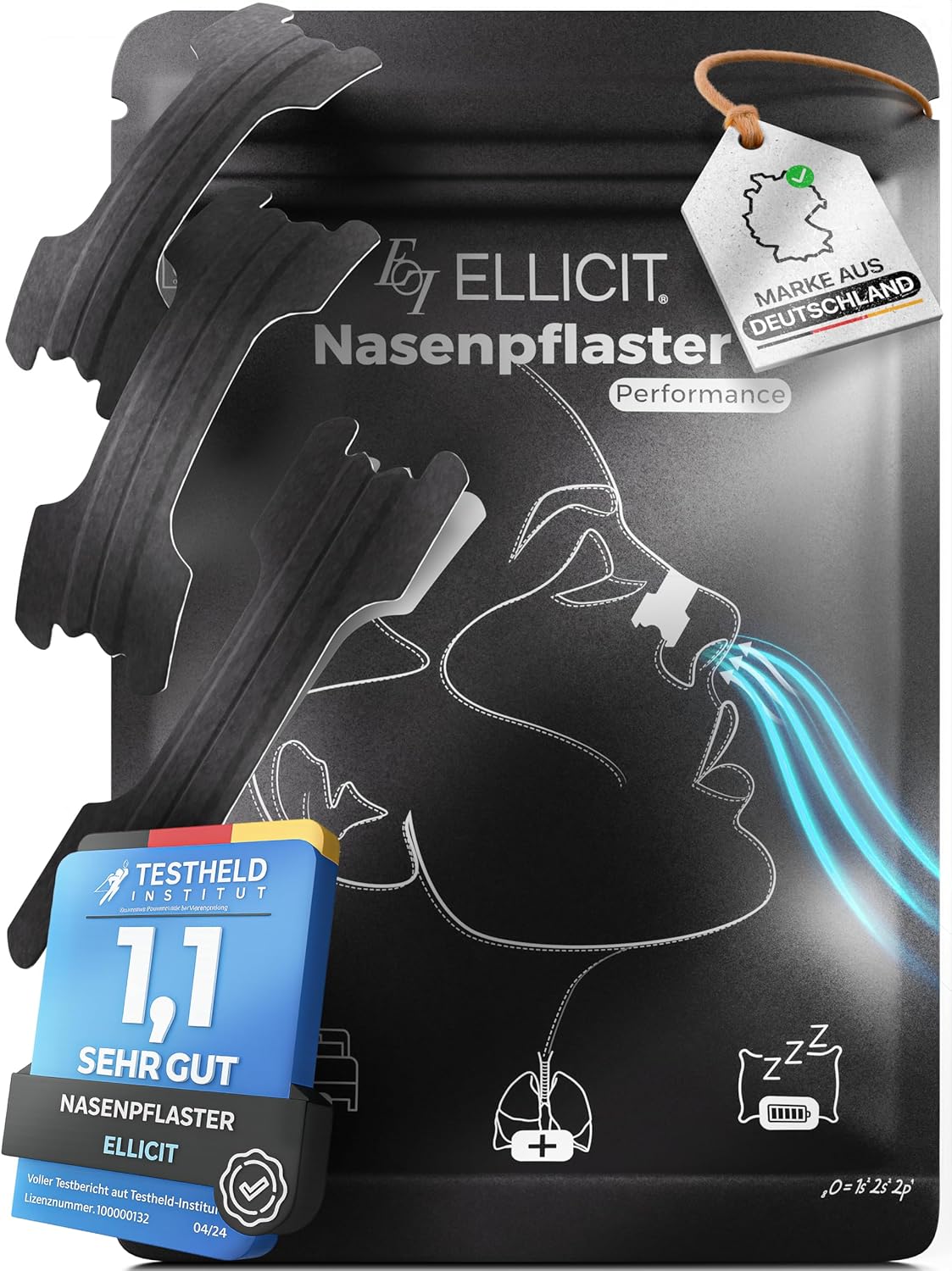 Ellicit Nasenpflaster schwarz 30 St. - Nasenstrips gegen Schnarchen Sport