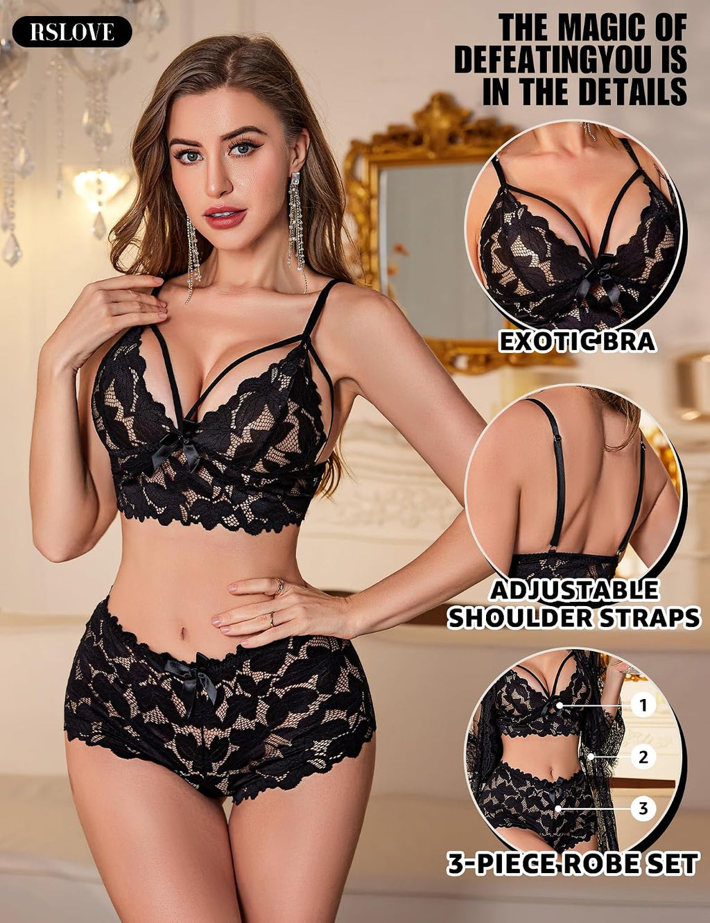 Damen Nachtwaesche Set Spitze Sexy Unterwaesche mit Morgenmantel S-XL