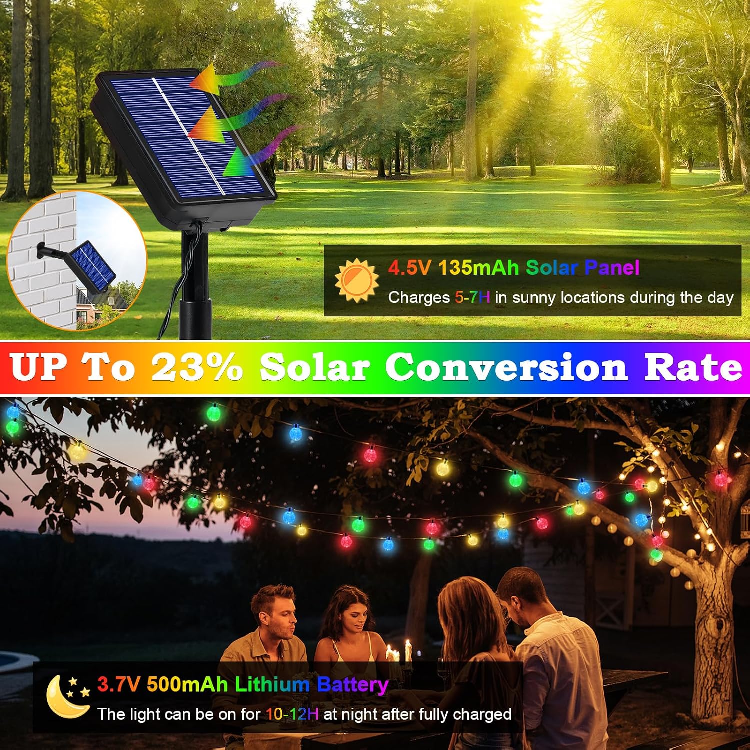 Solar Lichterkette 60 LED Warmweiss 3m+10,2m IP65 8 Modi fuer Garten Balkon