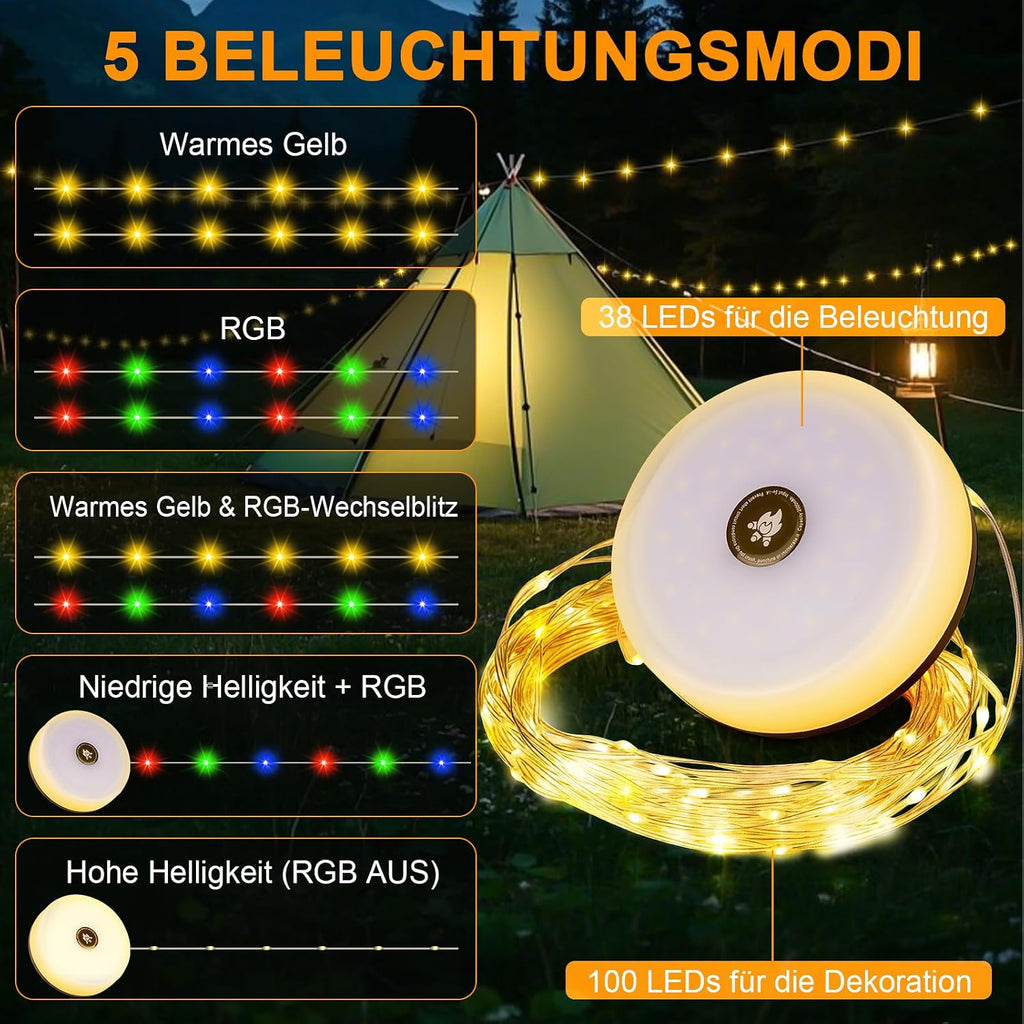 RISEMART Solar Lichterkette 10 m aufrollbar wasserdicht 5 Modi fuer Camping Hof