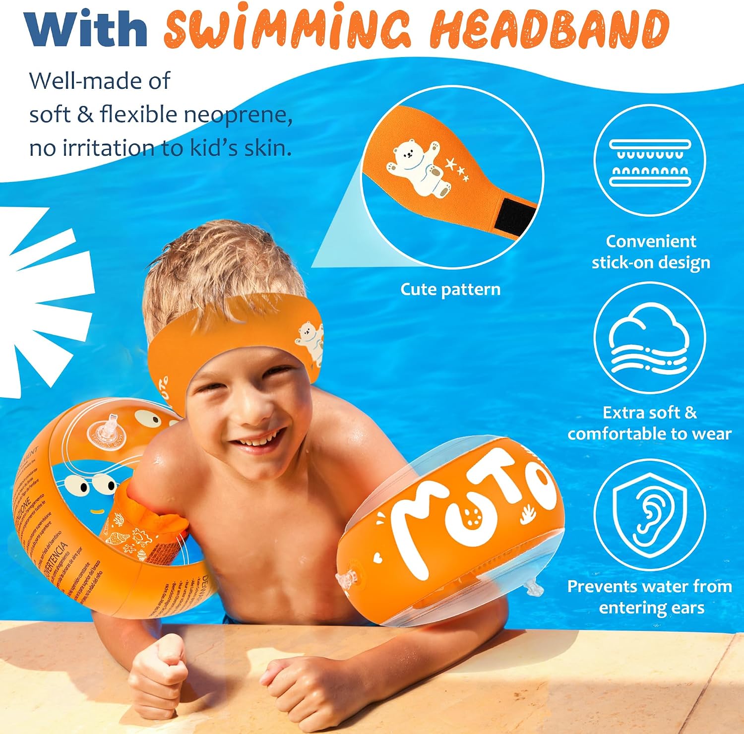 Schwimmfluegel Kinder 1-6 Jahre mit Stirnband, 3 Luftkammern, transparent