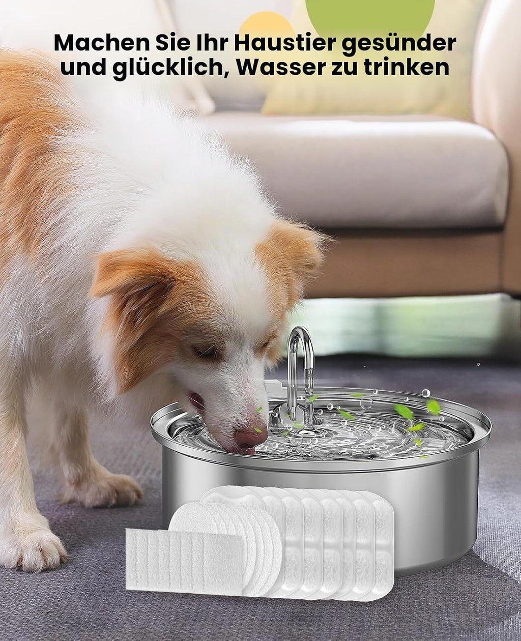 oneisall Trinkbrunnen fuer Hunde Edelstahl mit LED, 5‑Schicht Filter