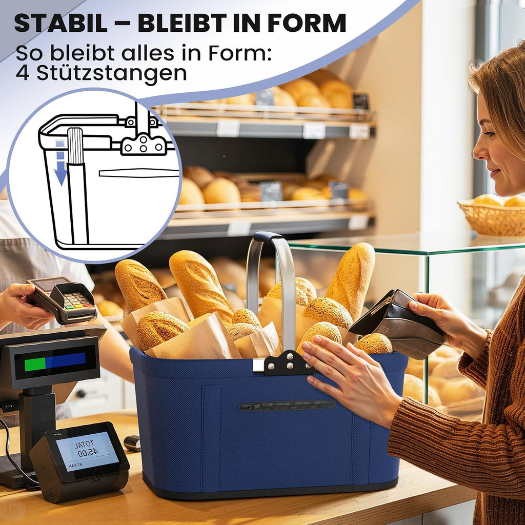 Yeabett Einkaufskorb faltbar 46x27x25 cm mit 4 Stuetzstangen gepolstert