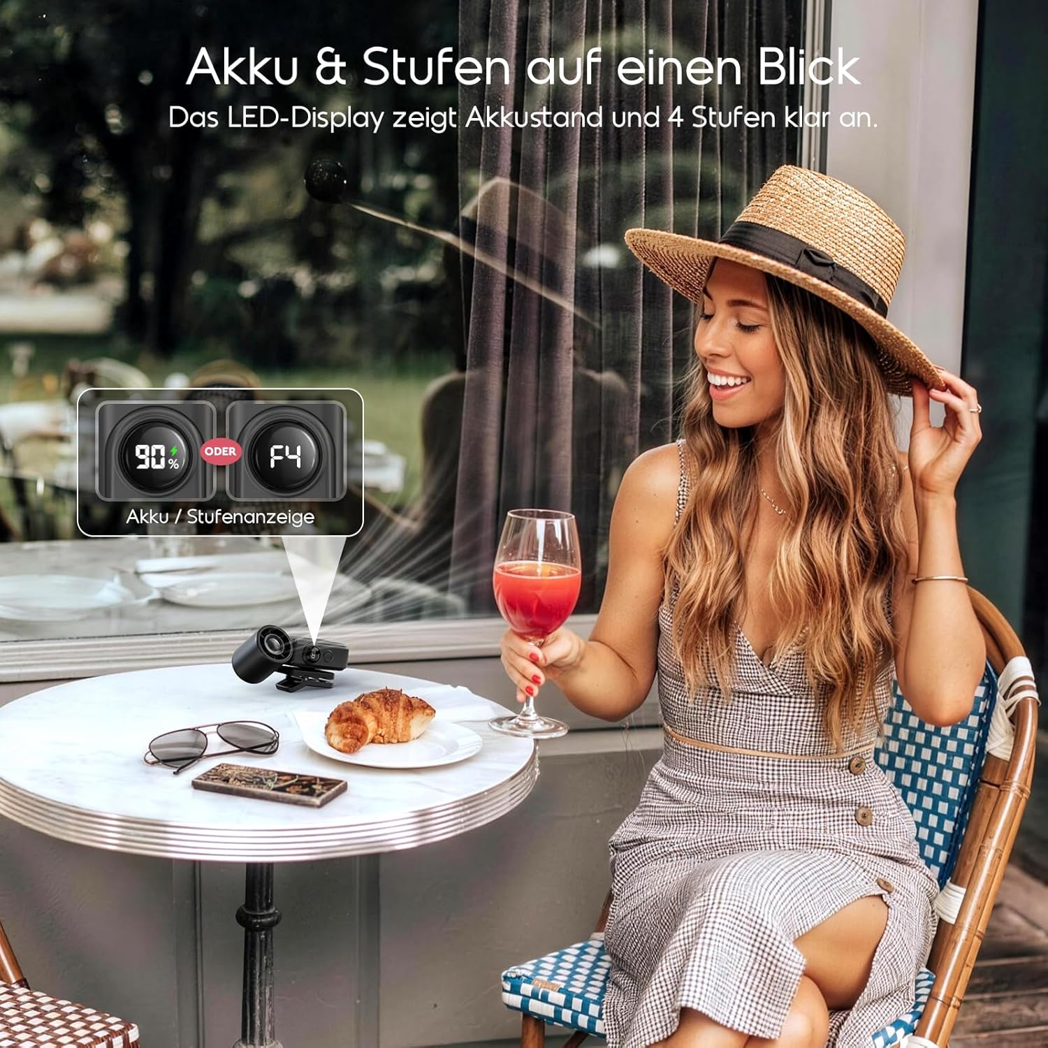 Handventilator USB 2400mAh 13500RPM 4 Stufen Clip rotierbar LED Anzeige Schwarz