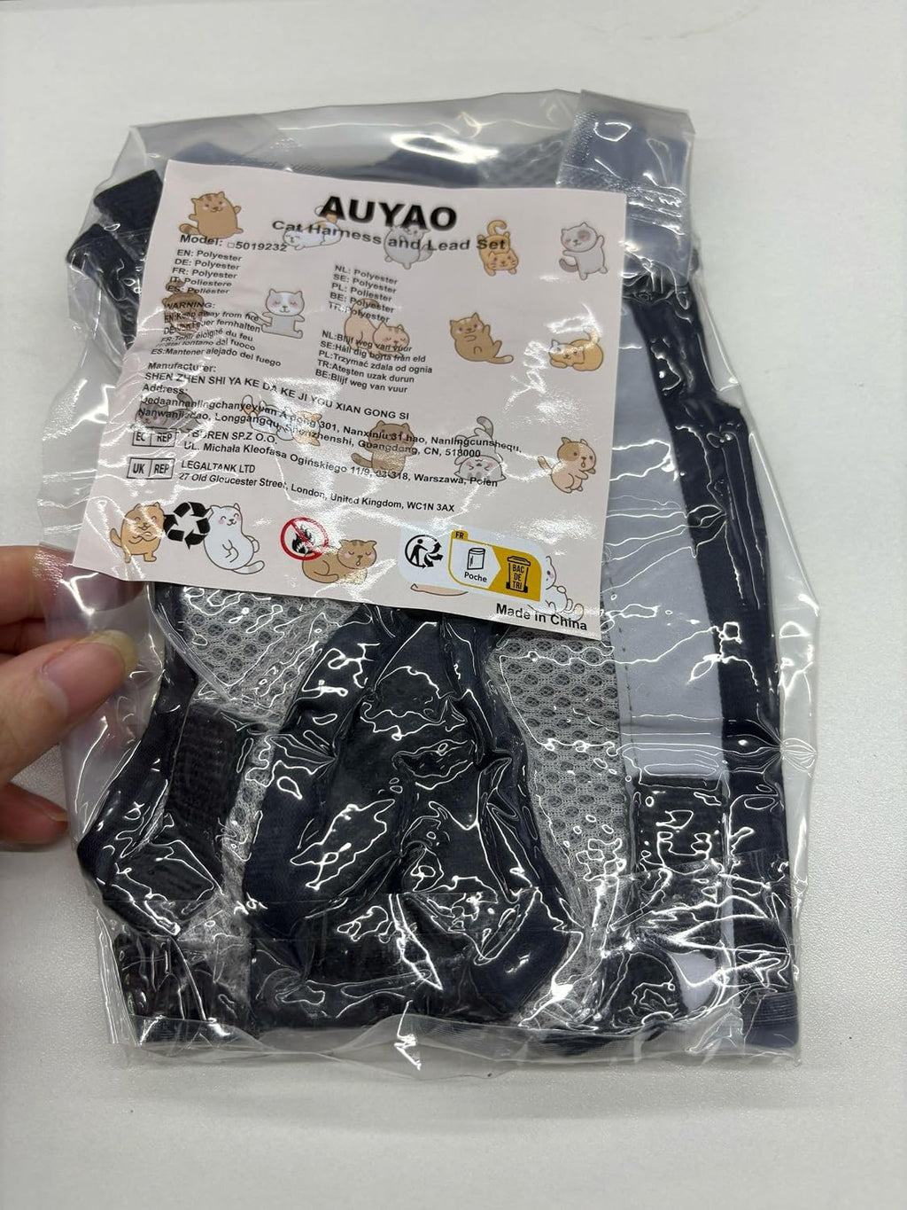 AUYAO Katzengeschirr Set mit 5 m Schleppleine verstellbar Brustgeschirr S Schwar