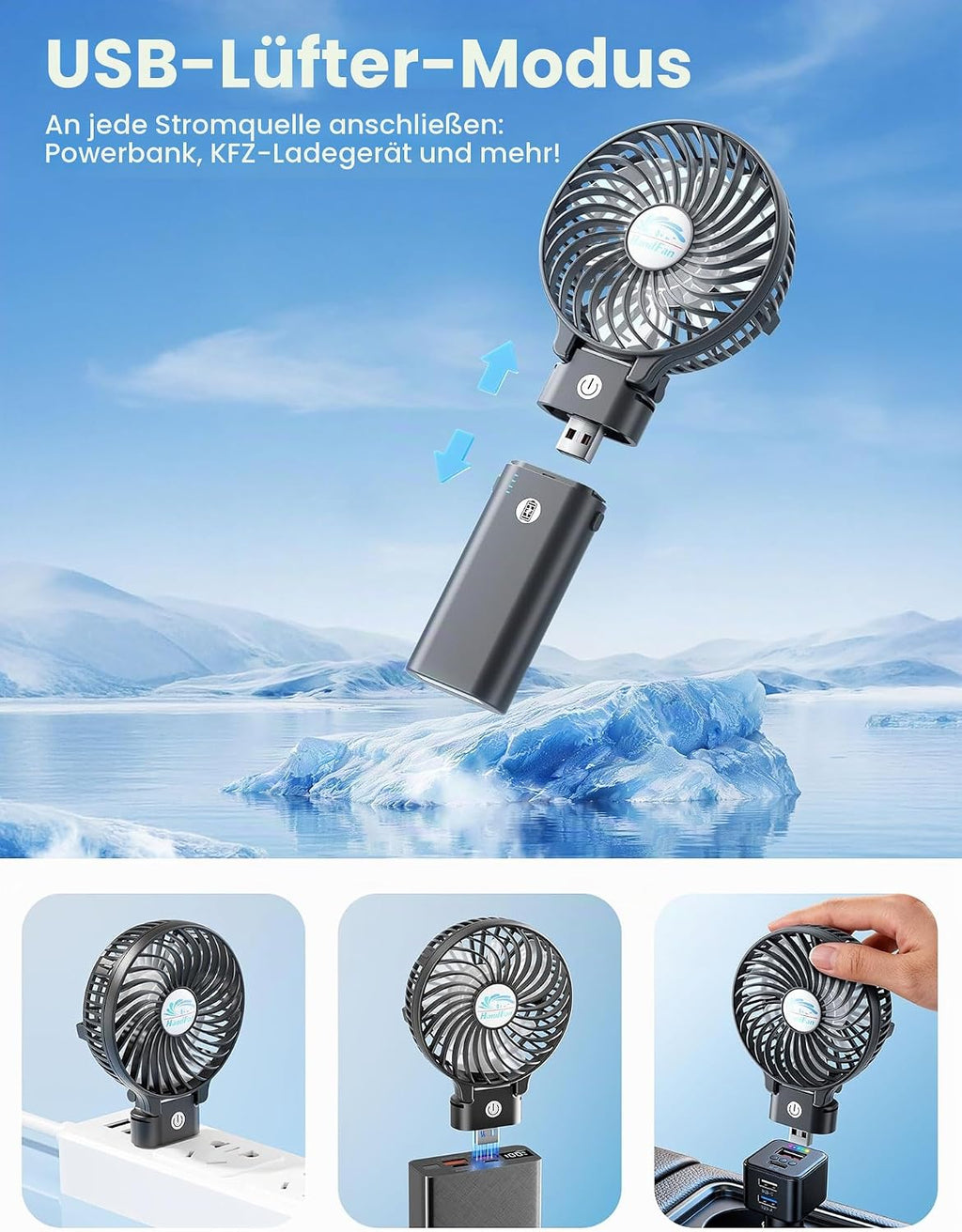 HandFan 5200mAh Akku Ventilator 3 Stufen 180° faltbar USB Powerbank