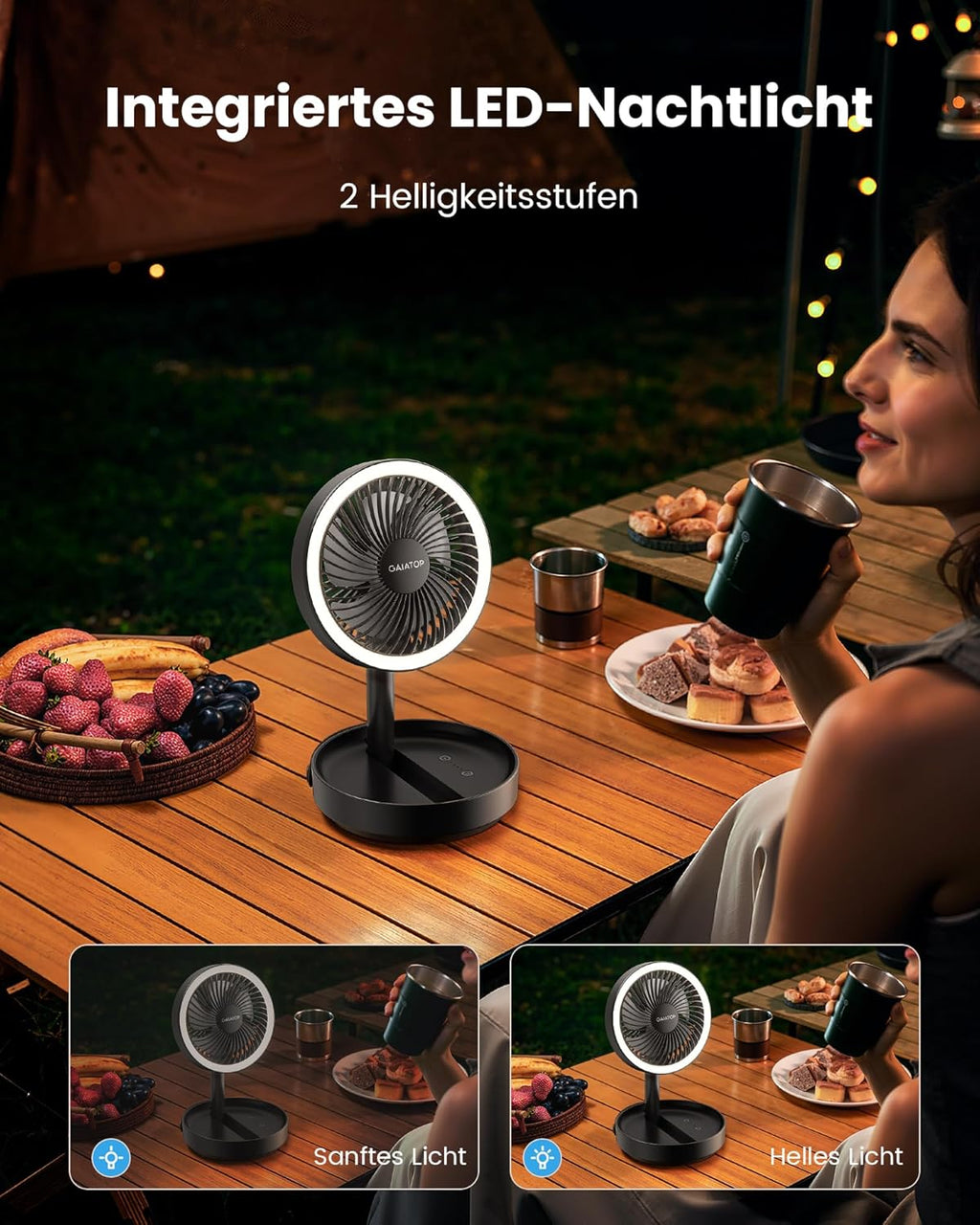 Gaiatop 17 cm Faltbarer Tischventilator 6000 mAh Akku USB leise mit Nachtlicht