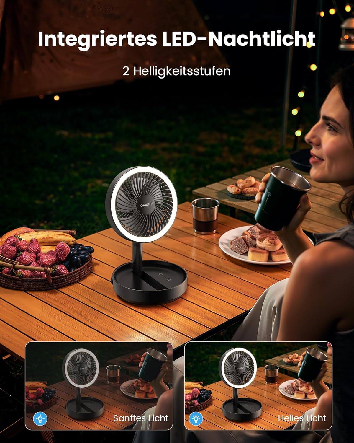 Gaiatop 17 cm Faltbarer Tischventilator 6000 mAh Akku USB leise mit Nachtlicht