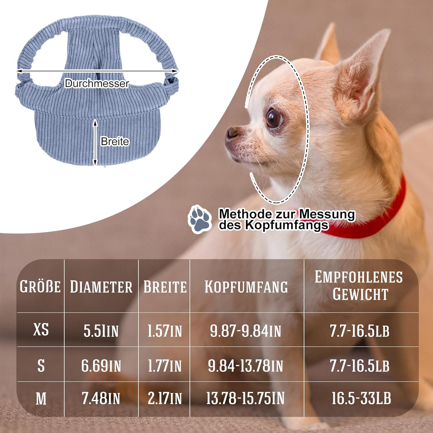 Jadive Hundesonnenhut mit Ohrloechern und Silikonband verstellbar Khaki XS