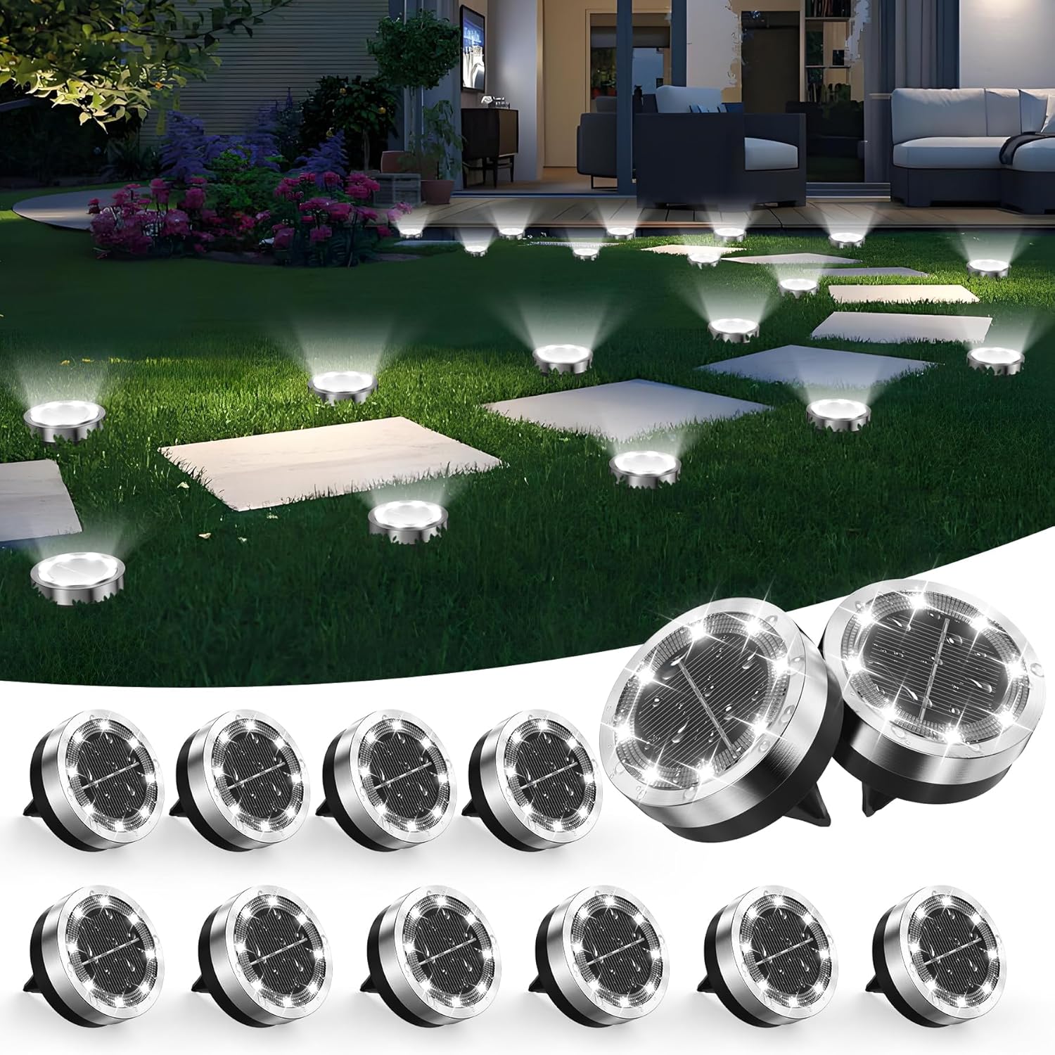 12er Solar Bodenleuchten Aussen 8 LED Warmweiss IP65 Edelstahl Kunststoff
