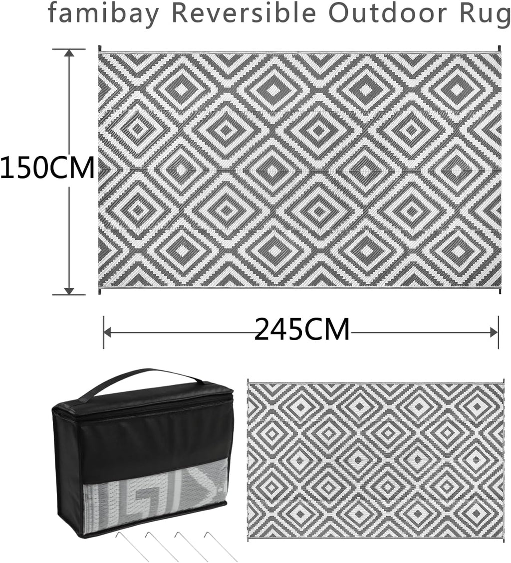 Famibay Outdoor Teppich 245x305 cm wasserabweisend wendbar 180cm-365cm