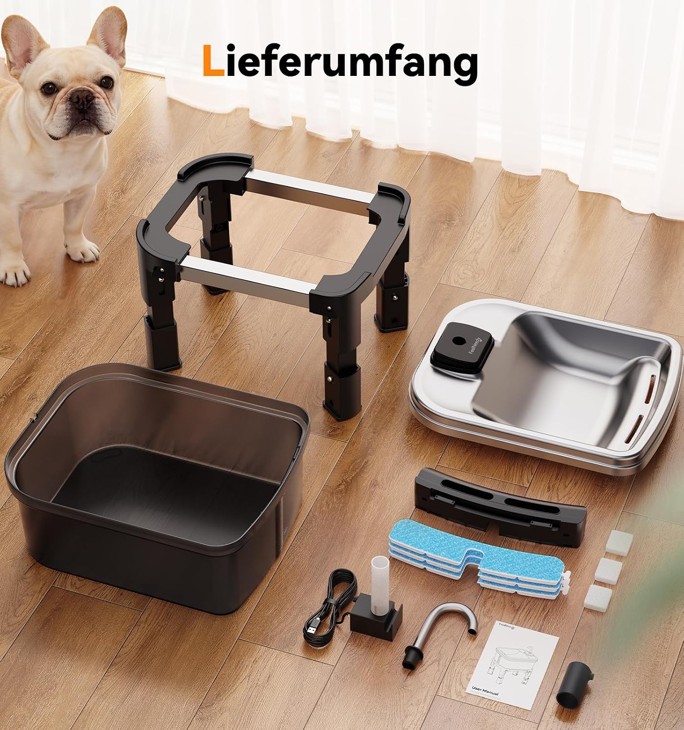 FEELNEEDY Hundetrinkbrunnen mit Edelstahlwanne, 3 Stufen Filterung
