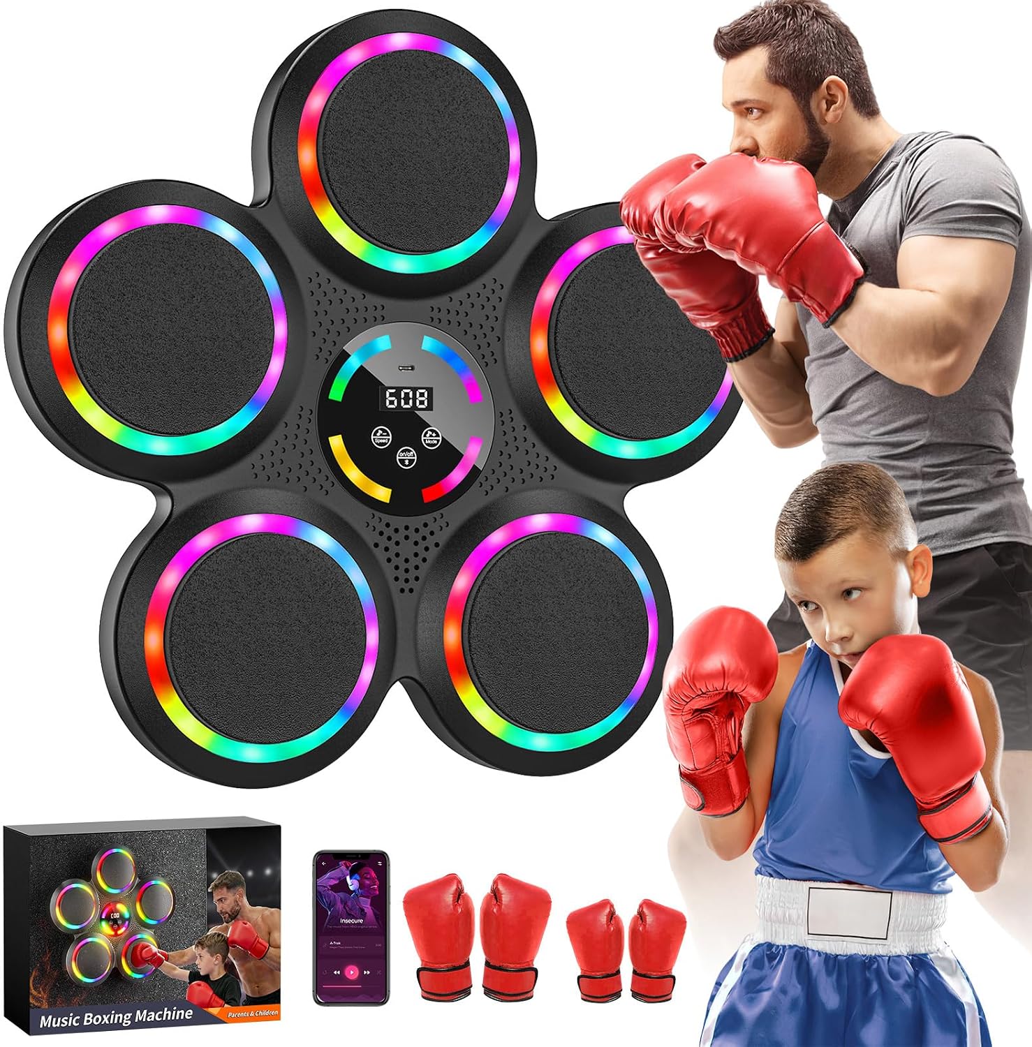 IERAKOR Boxmaschine mit Musik Bluetooth, 2 Handschuhe, LED, 9 Geschwindigkeiten