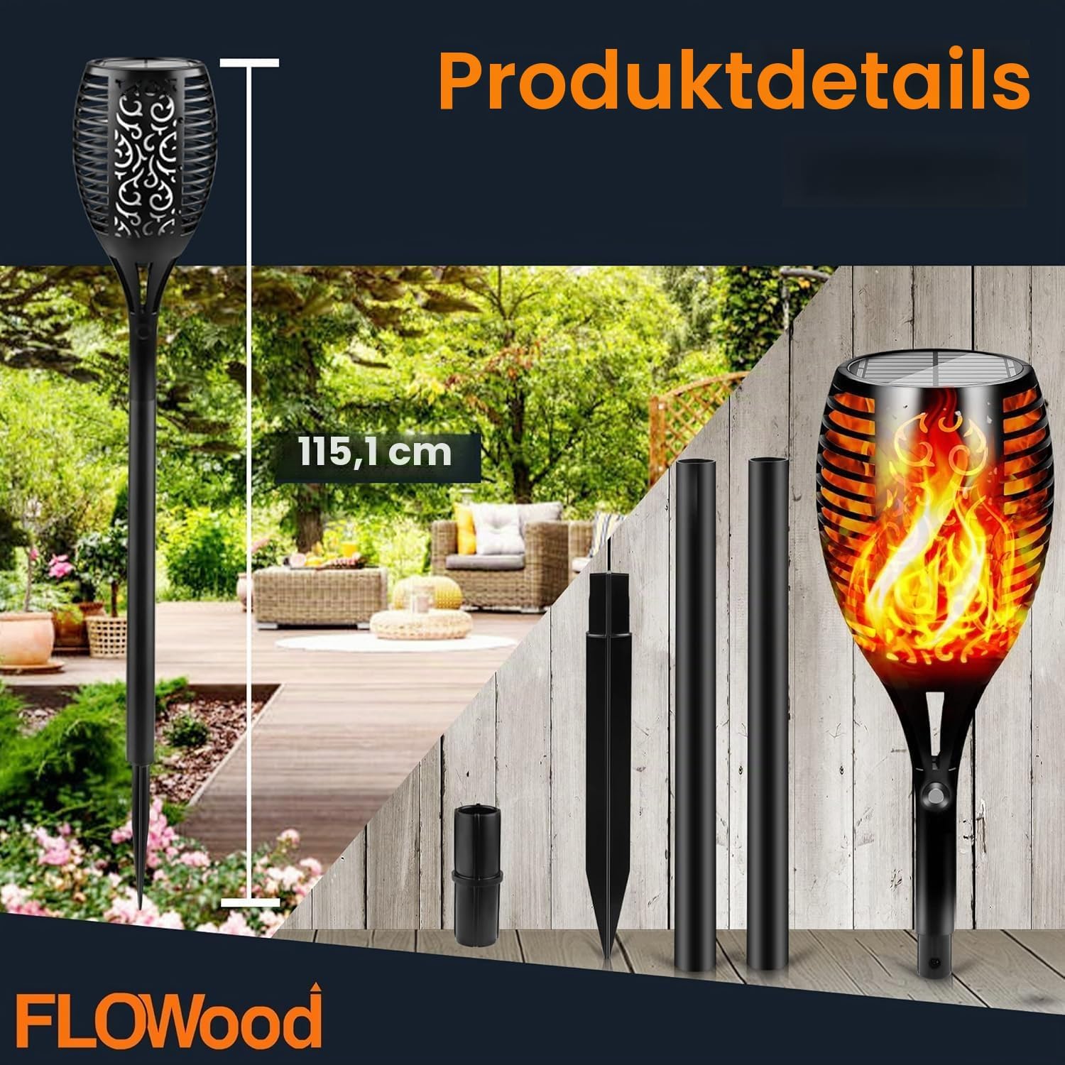 FLOWood Solar-Gartenfackeln 2er Set 110 cm, 96 LED, IP65, flackernd