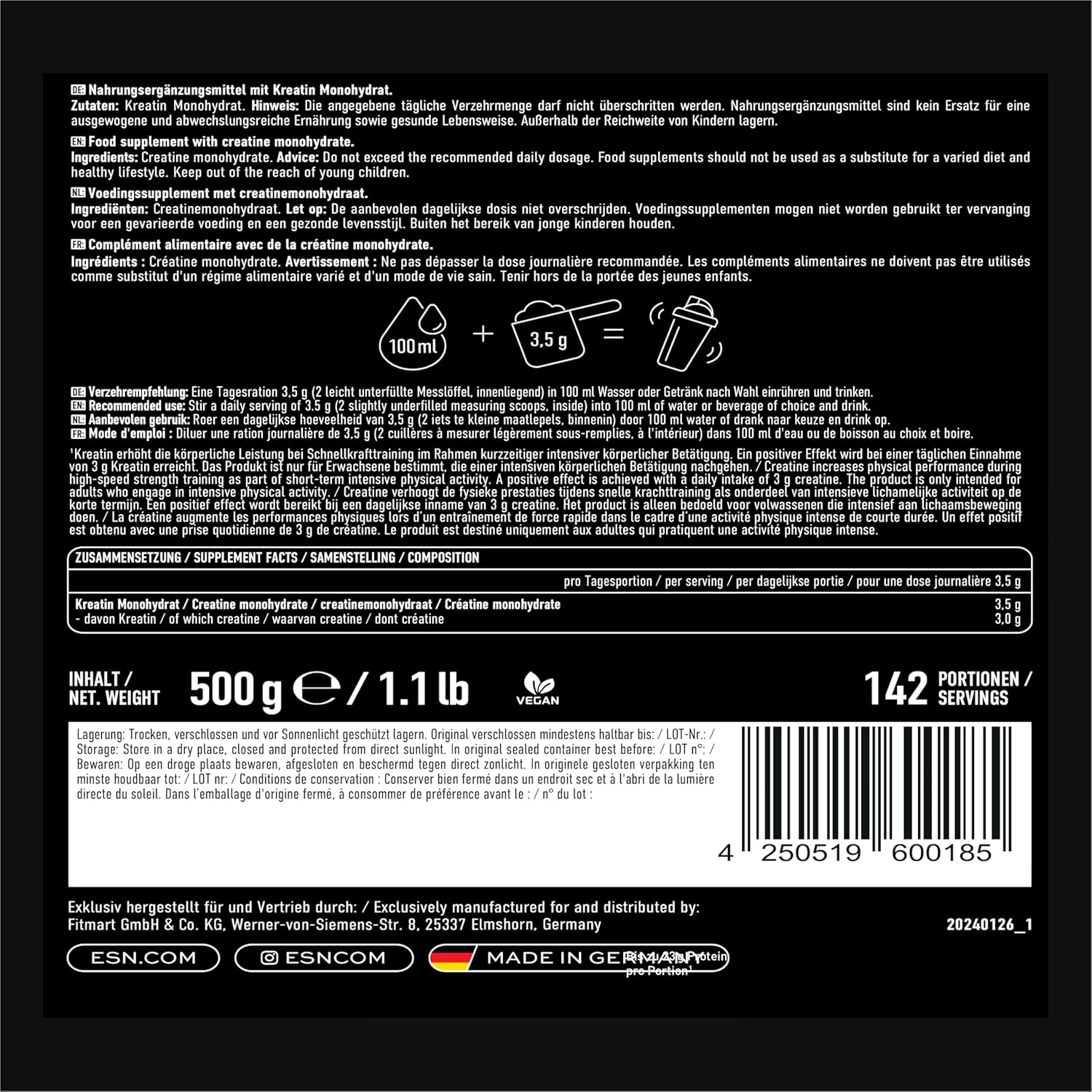 ESN Ultrapure Creatin Monohydrat 500g mikrofein loeslich 142 Portionen