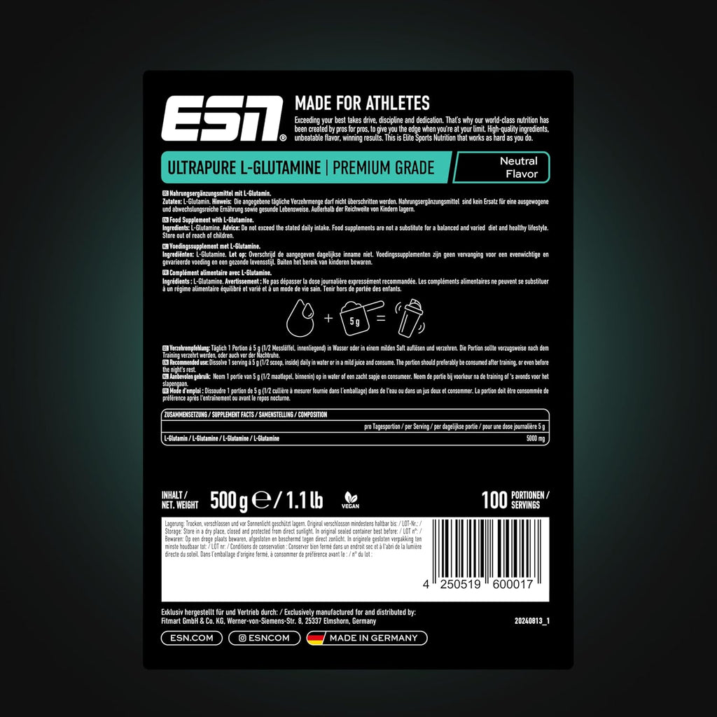 ESN L-Glutamin Pulver 500g mikrofein 5000 mg pro Portion Aminosaeure