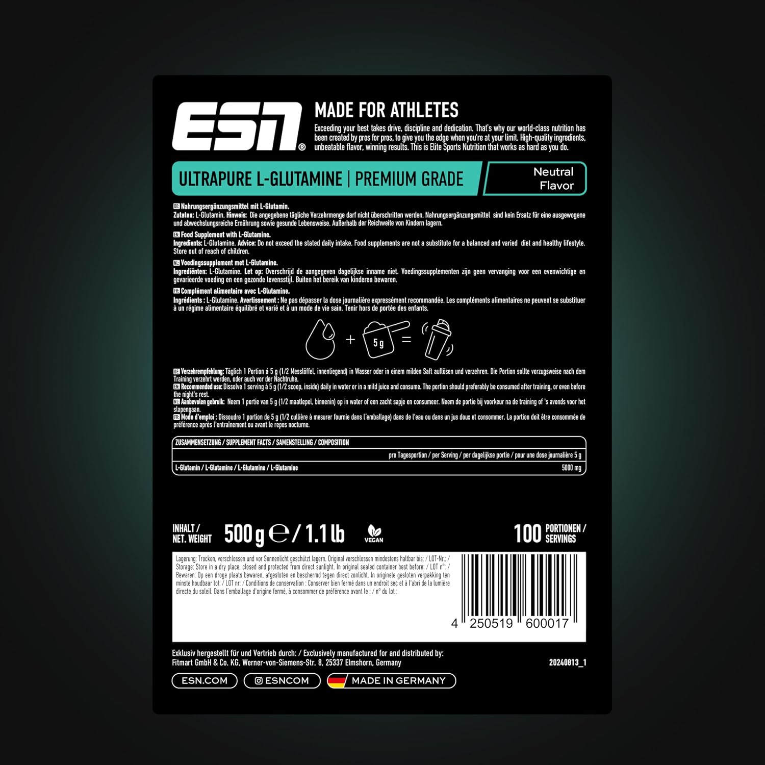 ESN L-Glutamin Pulver 500g mikrofein 5000 mg pro Portion Aminosaeure