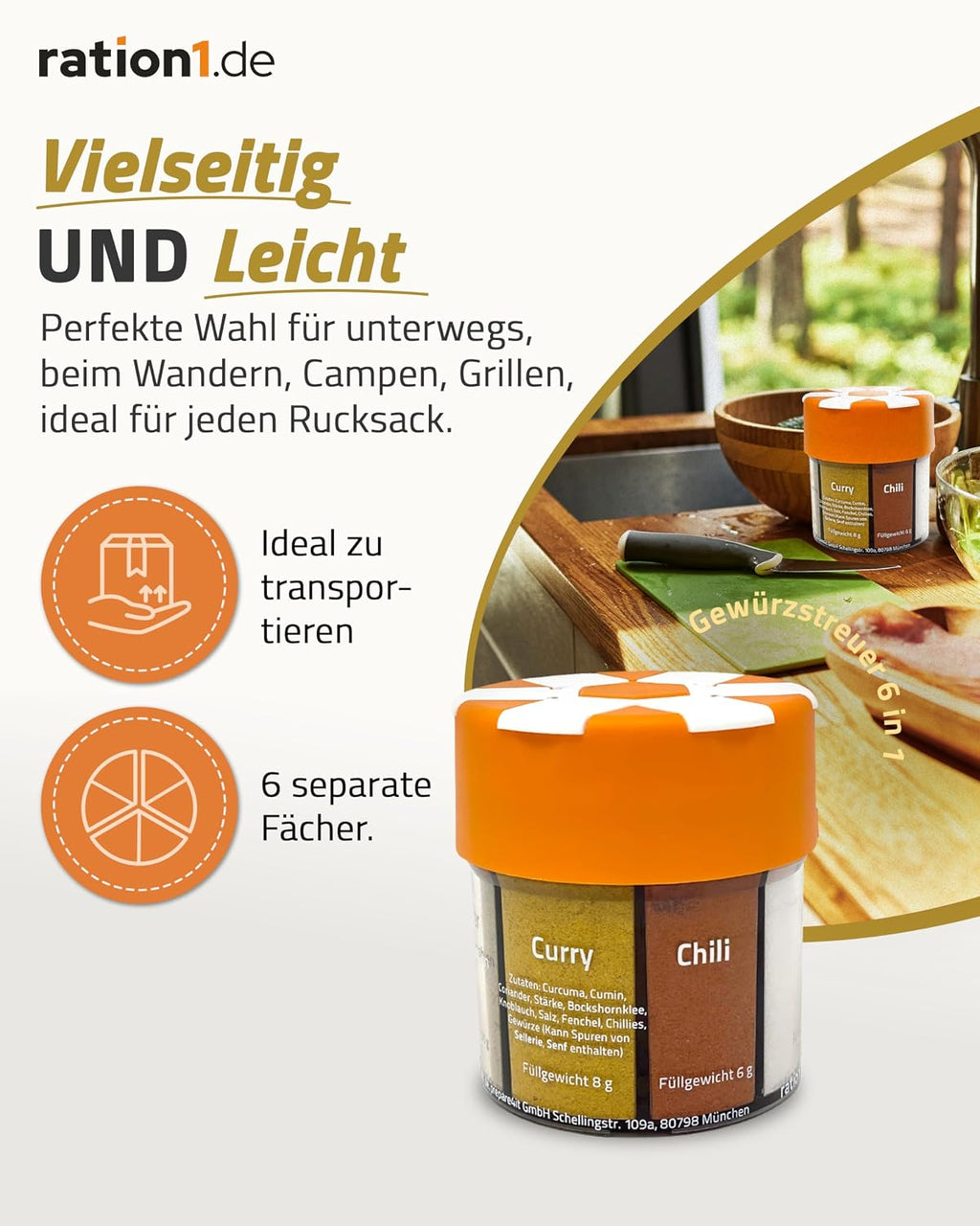 ration1 Gewuerzstreuer 6-in-1 Set XXL fuer Camping Wandern Gewuerz-Organizer