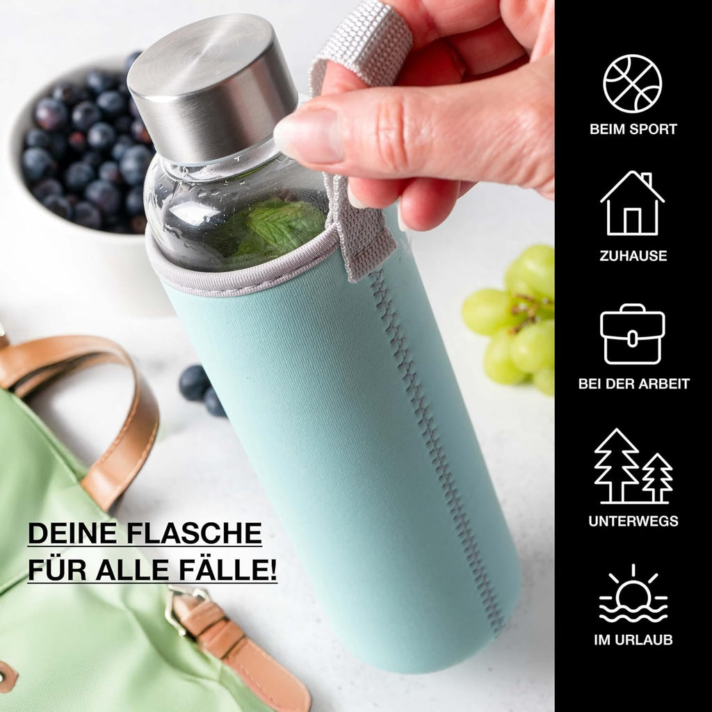 Moritz & Moritz Glas-Trinkflasche auslaufsicher mit Neoprenhuelle