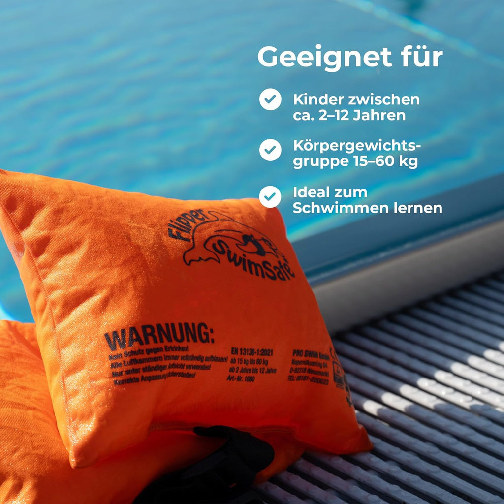 Flipper SwimSafe 1080 Schwimmkissen Baby Baumwolle verstellbares Band Orange