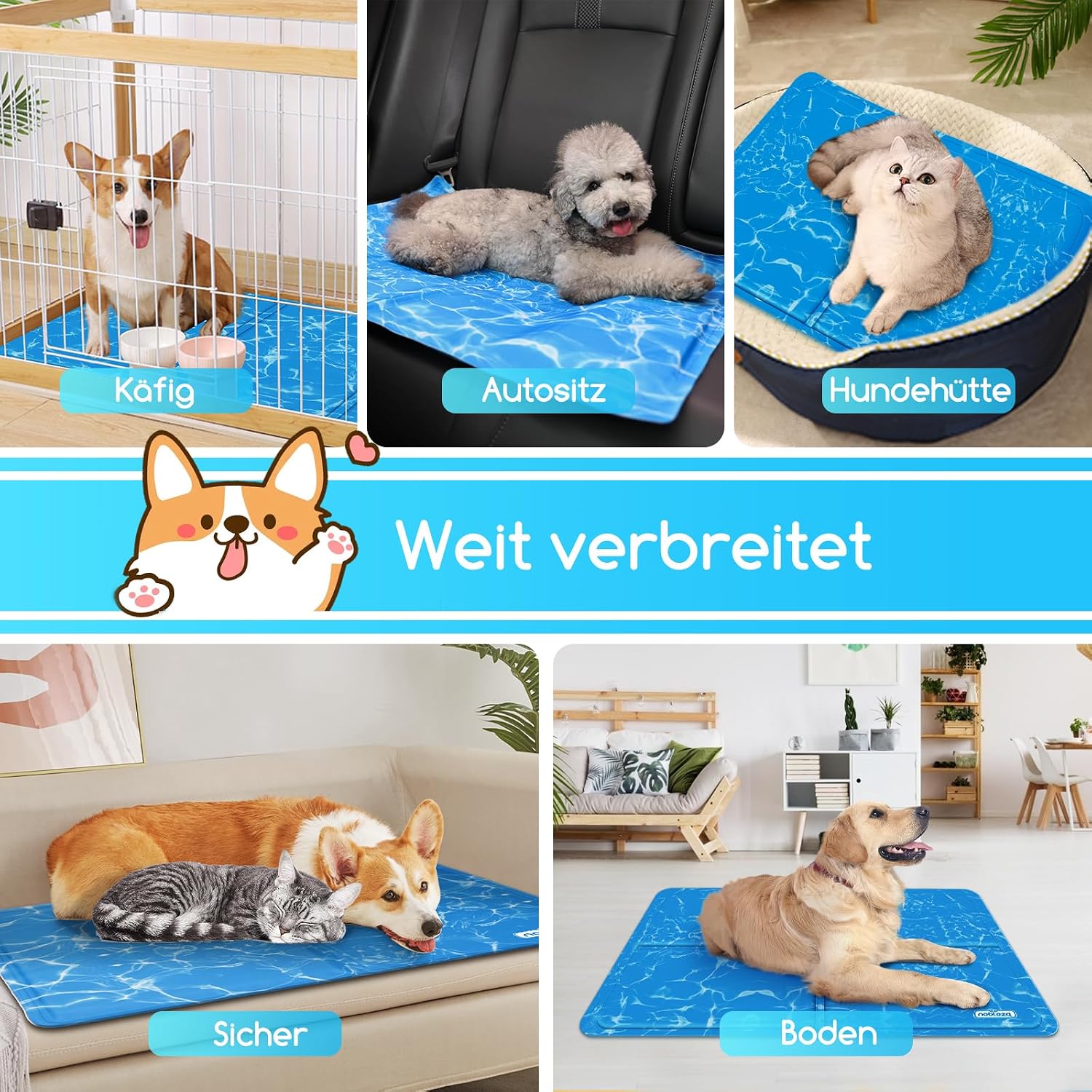 Nobleza Kuehlmatte fuer Hunde 65×50 cm Gel 2cm-80cm Hellblau selbstkuehlend