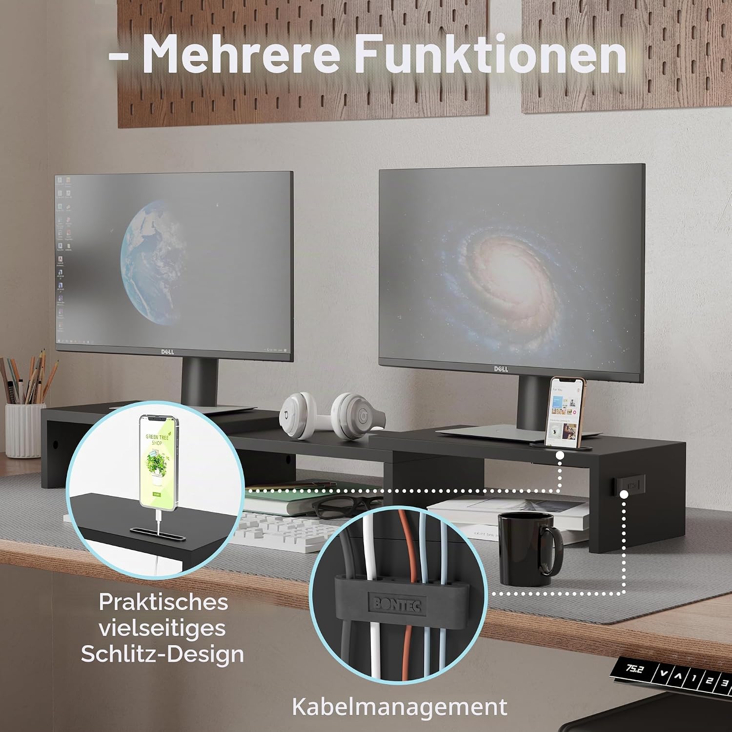 BONTEC Monitorstaender Dual Holz mit Handyhalter hoehenverstellbar