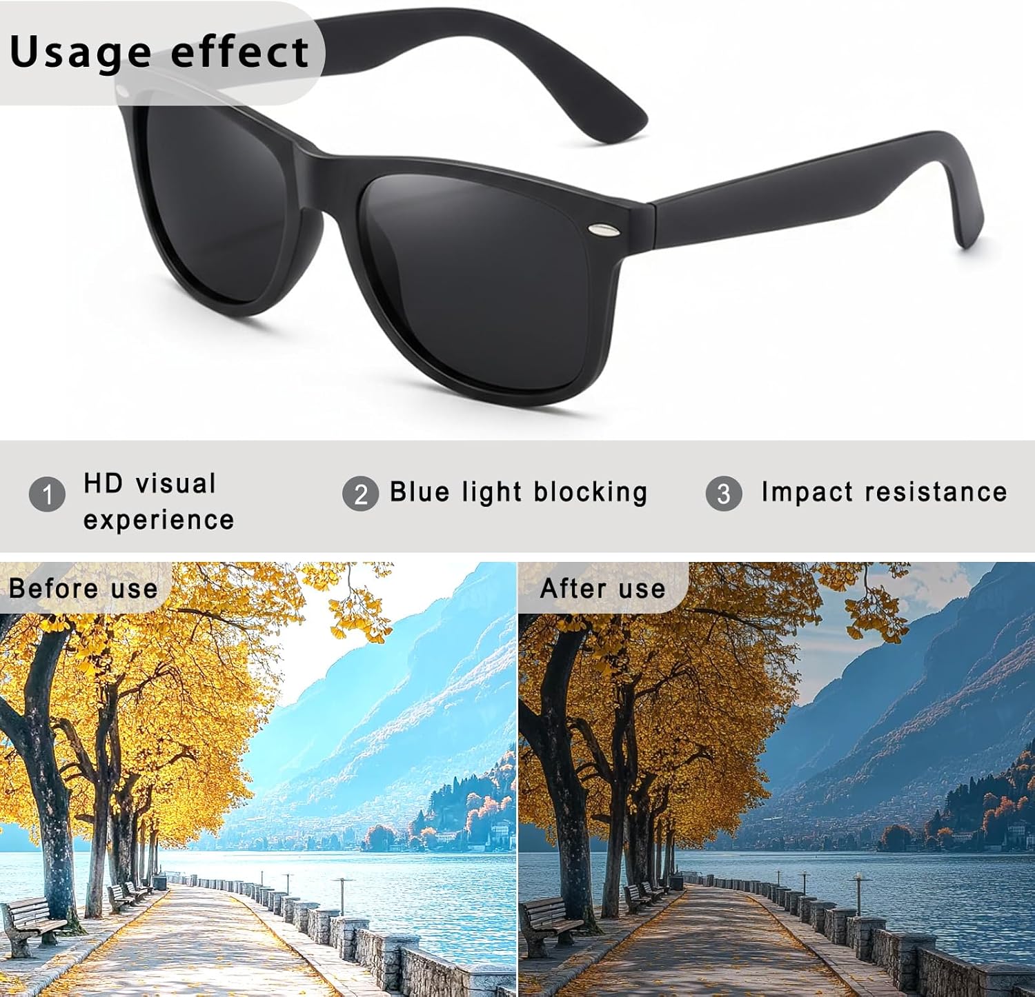 Polarisierte Sonnenbrille Herren Damen UV400 rechteckig schwarz mit Tasche