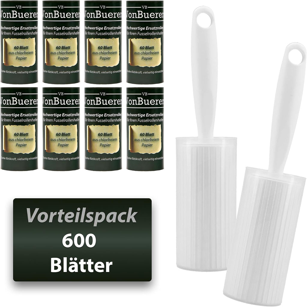 VonBueren Fusselrolle Set mit 10 Rollen, 600 Blatt, 2 Abrollern und 2 Huellen