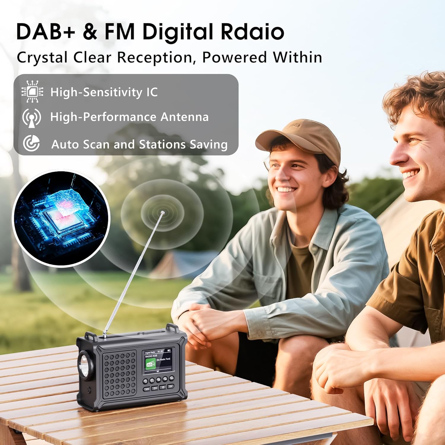 Tragbares Kurbelradio DAB+ UKW mit Solar, 12000mAh Powerbank, Bluetooth, SOS, LE