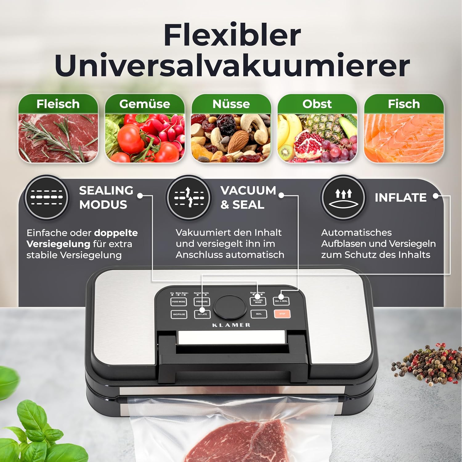 Klamer Pro 80 Vakuumierer mit Beuteln und Schlauch - Vakuumiergeraet