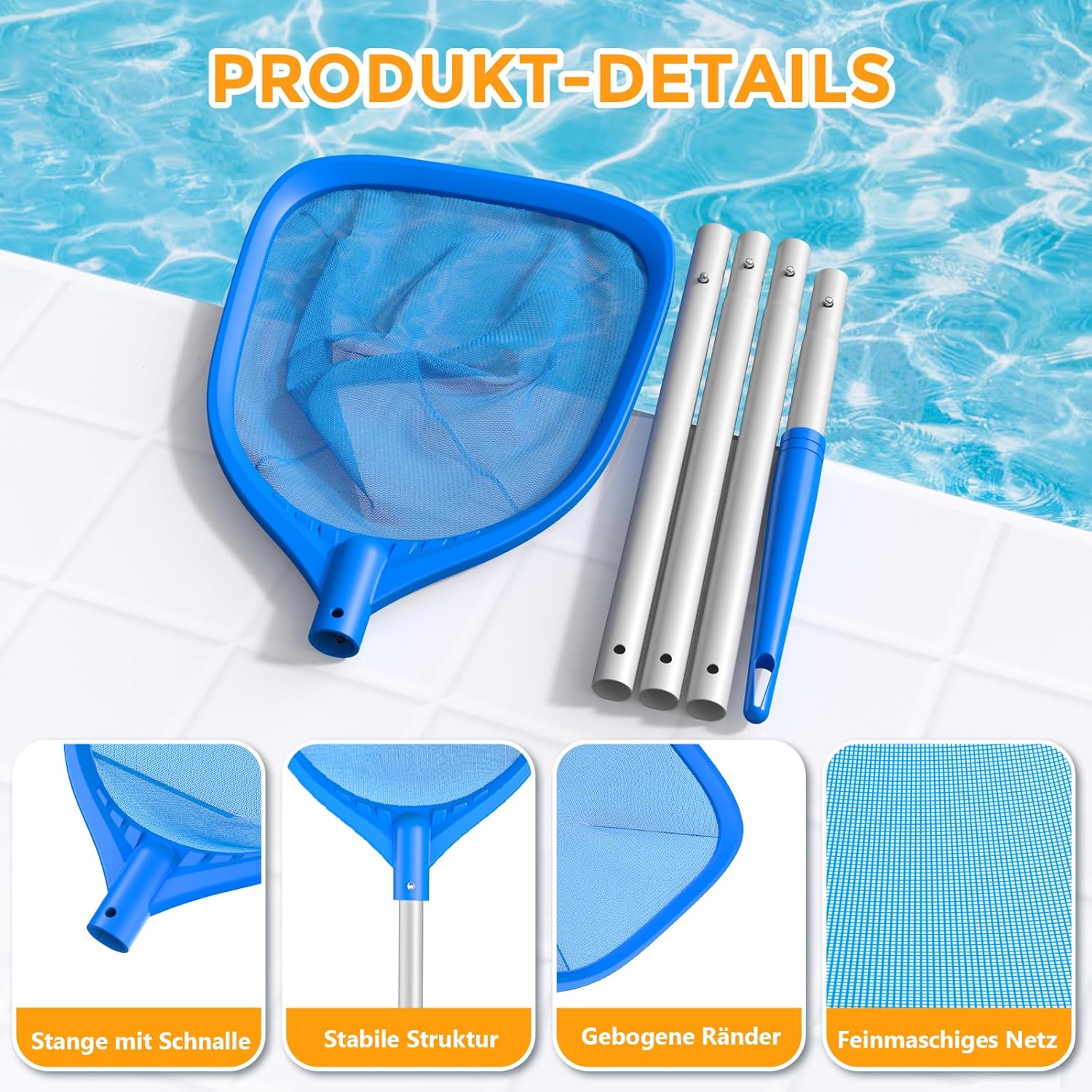 Pool Kescher Set mit 1,14 m Teleskopstange, Feinnetz Skimmer fuer Pool Teich